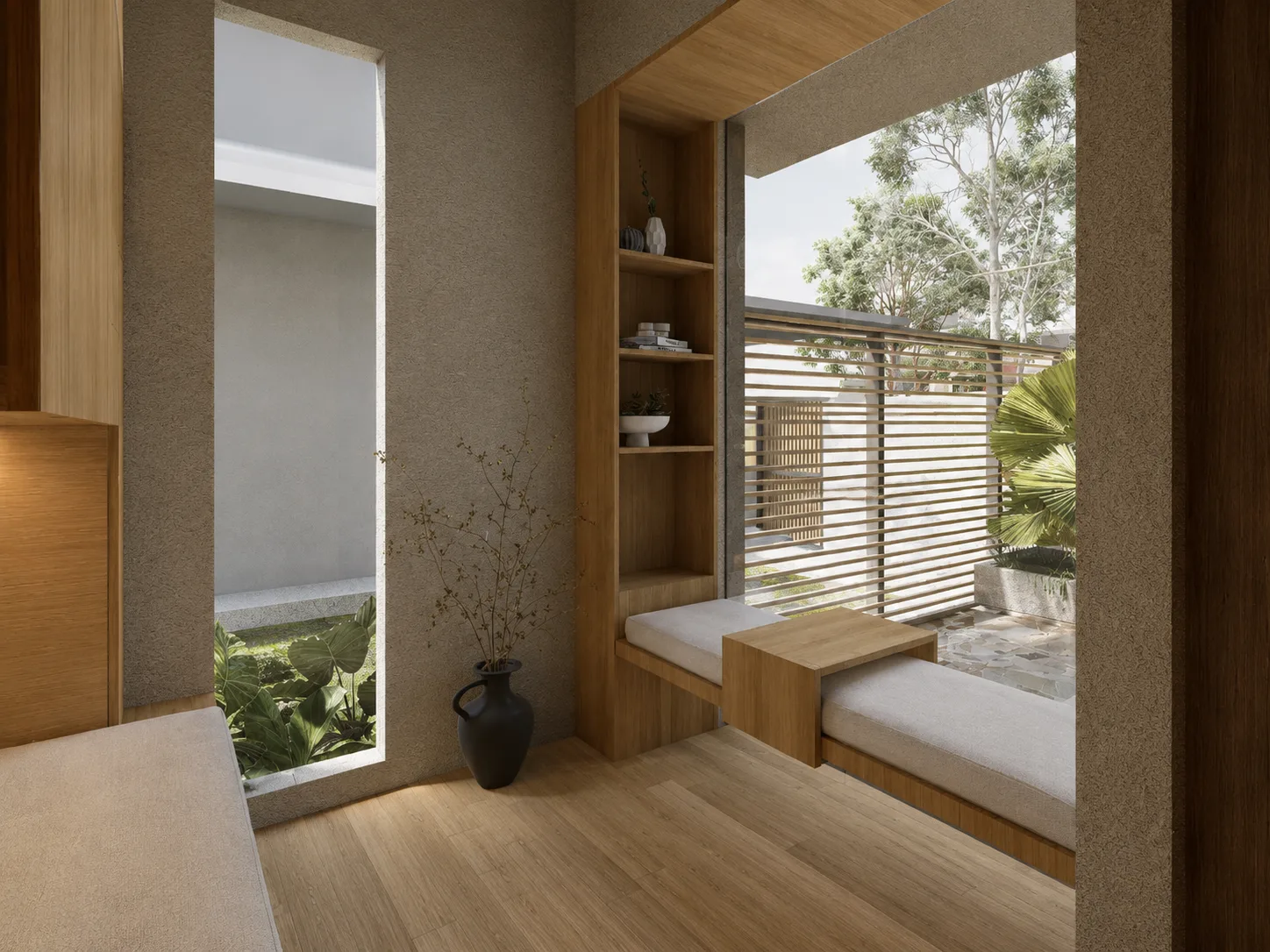Built-in reading bench with a bookshelf niche, looking out through a timber-slat balustrade to a tree beyond.