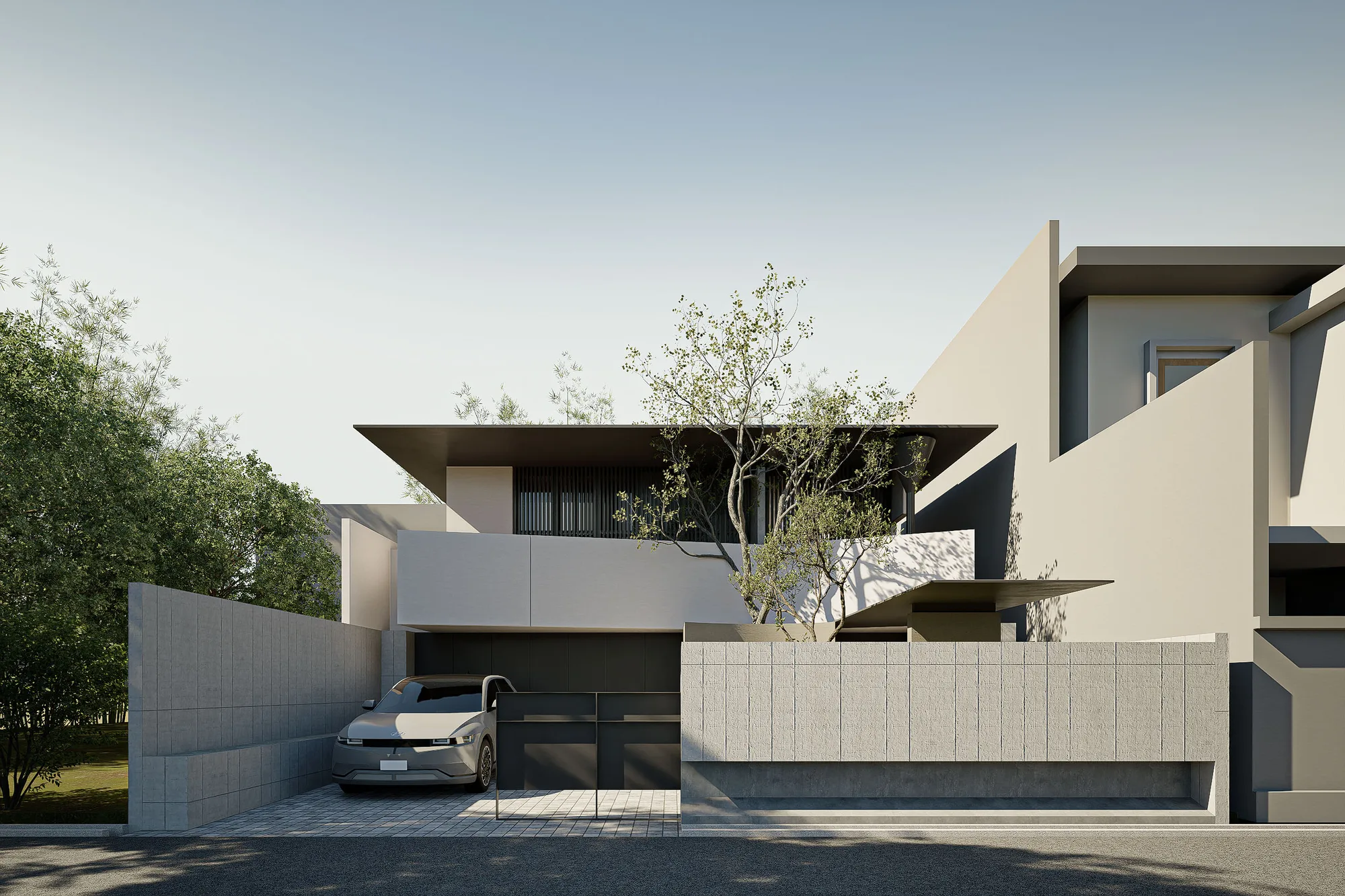 Street-facing facade of FS House with the cantilevered dark-soffited roof shading the timber-screened upper storey.