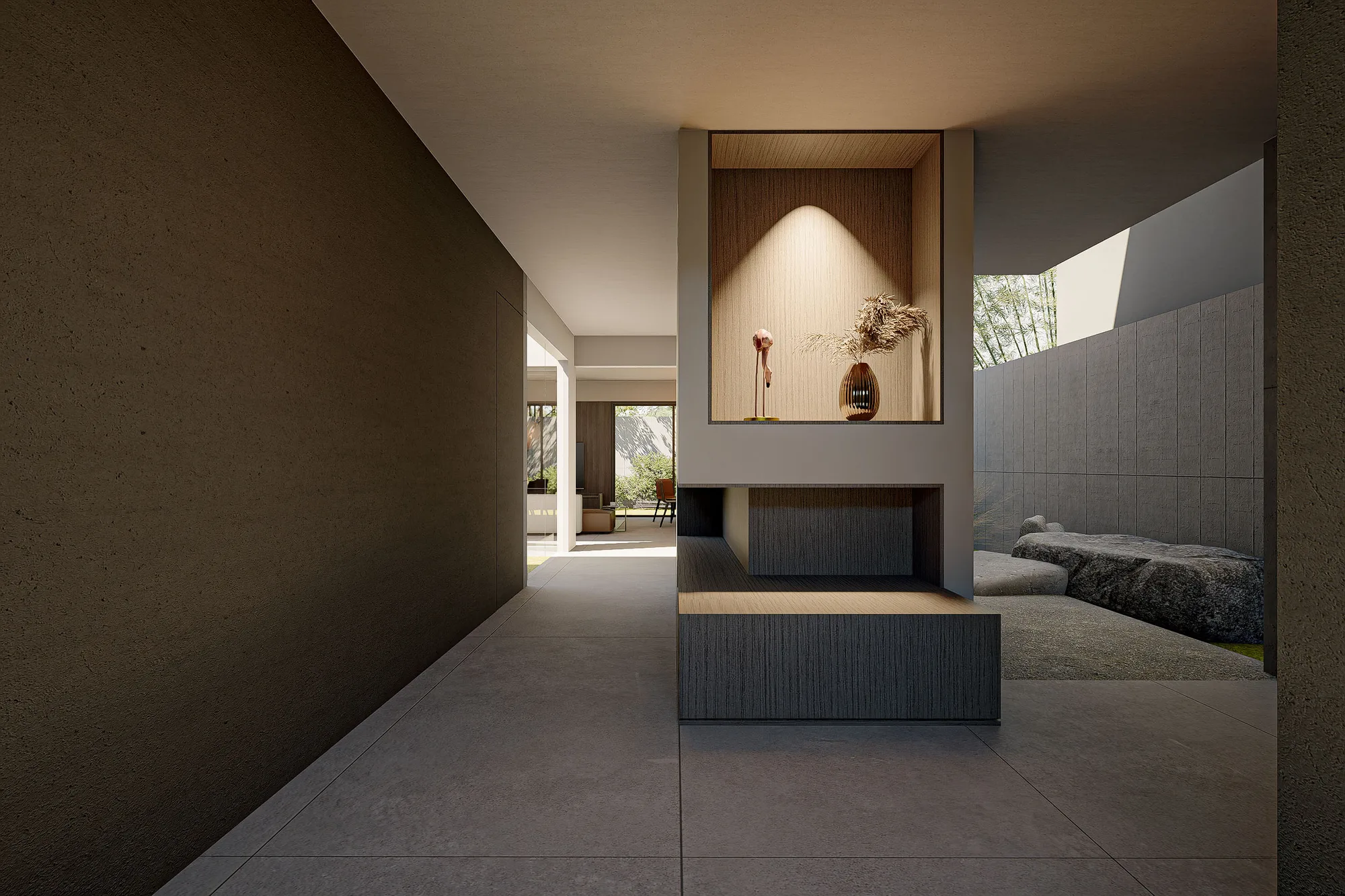 Entry hallway display niche in oak panelling, framed by the boulder garden visible through the adjacent glazing.