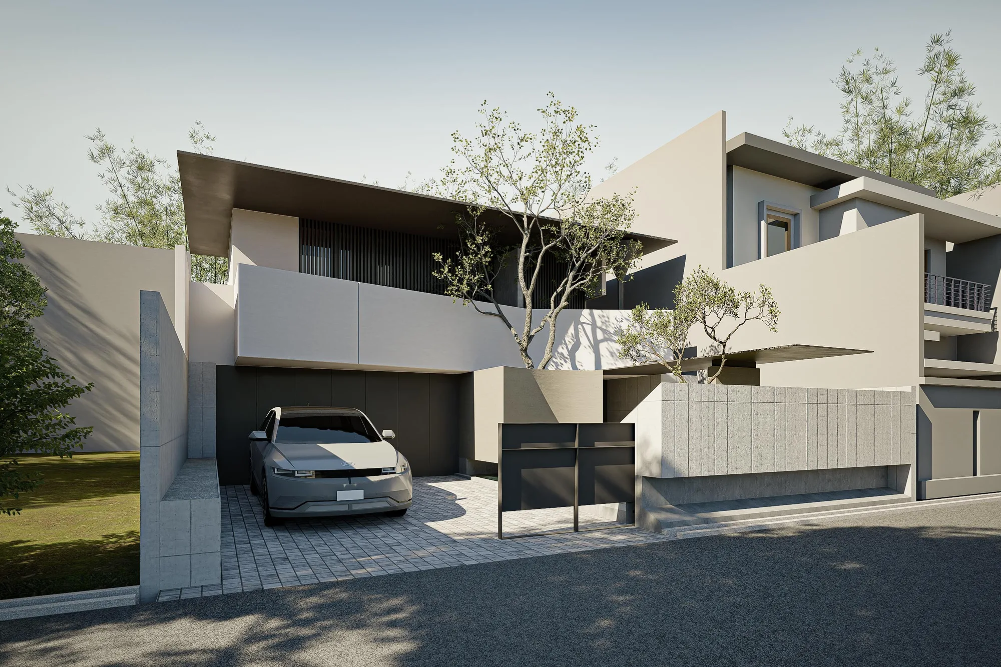 Street facade of FS House by daylight, the tree crown breaking through the deep roof overhang above the timber-screened windows.