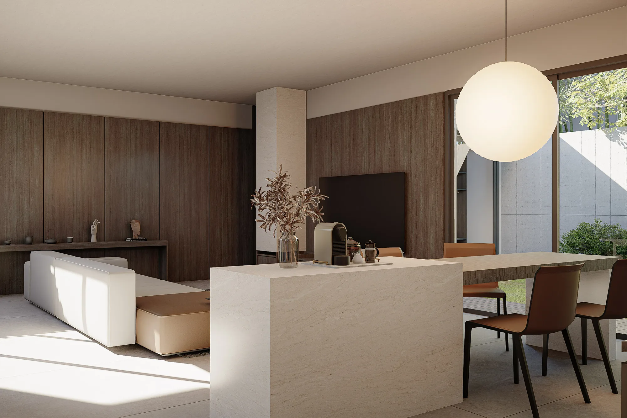 Living and dining space in dark oak panelling, the stone kitchen island visible through the sliding glass beyond.