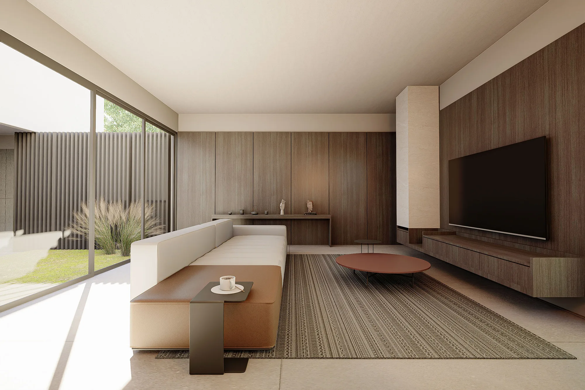 Living room with a walnut-panelled media wall and a stone display column beside the timber-screened side window.