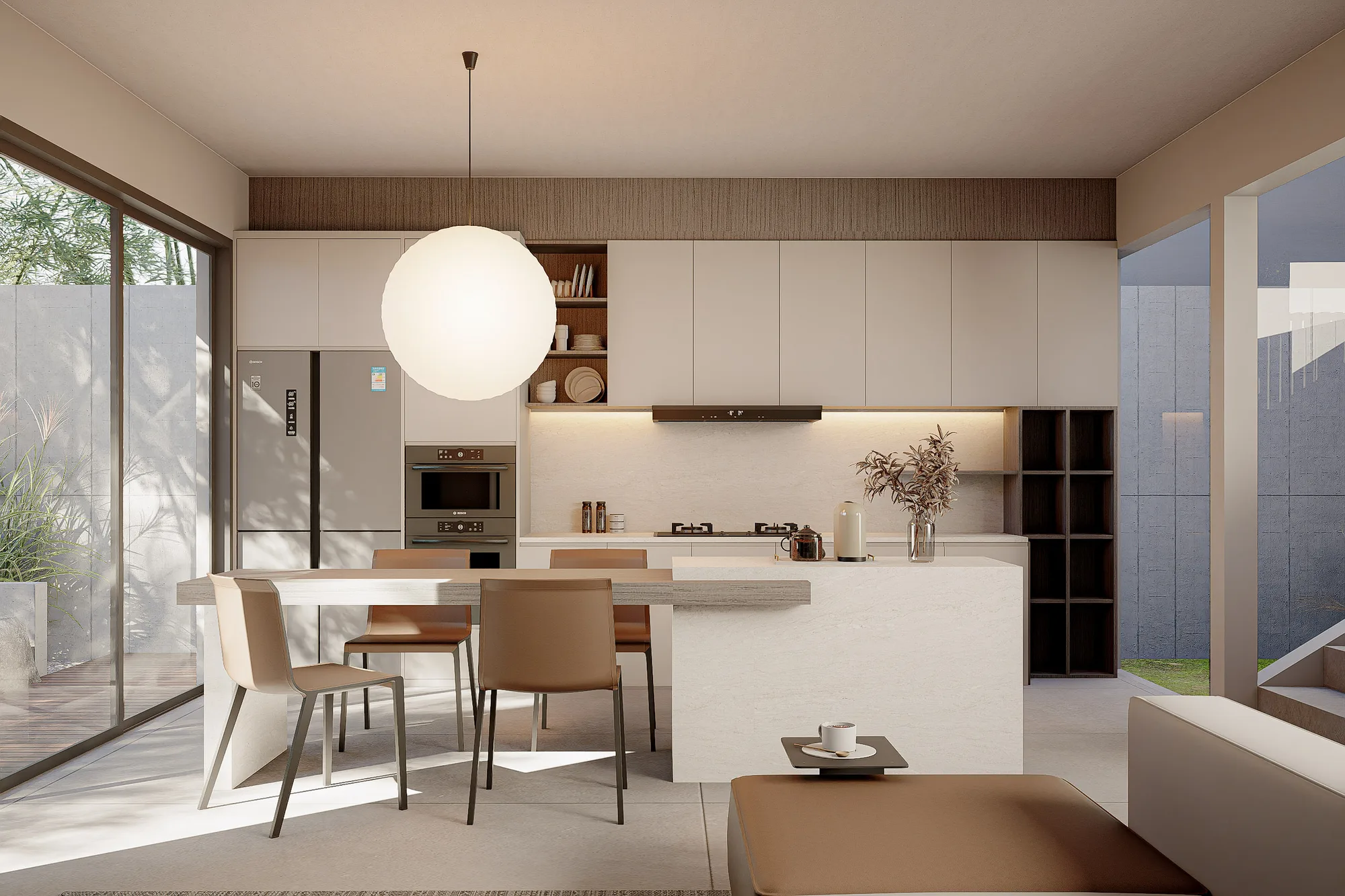 Kitchen with cream cabinetry and a stone island, dining table set beside full-height glass onto the side garden.