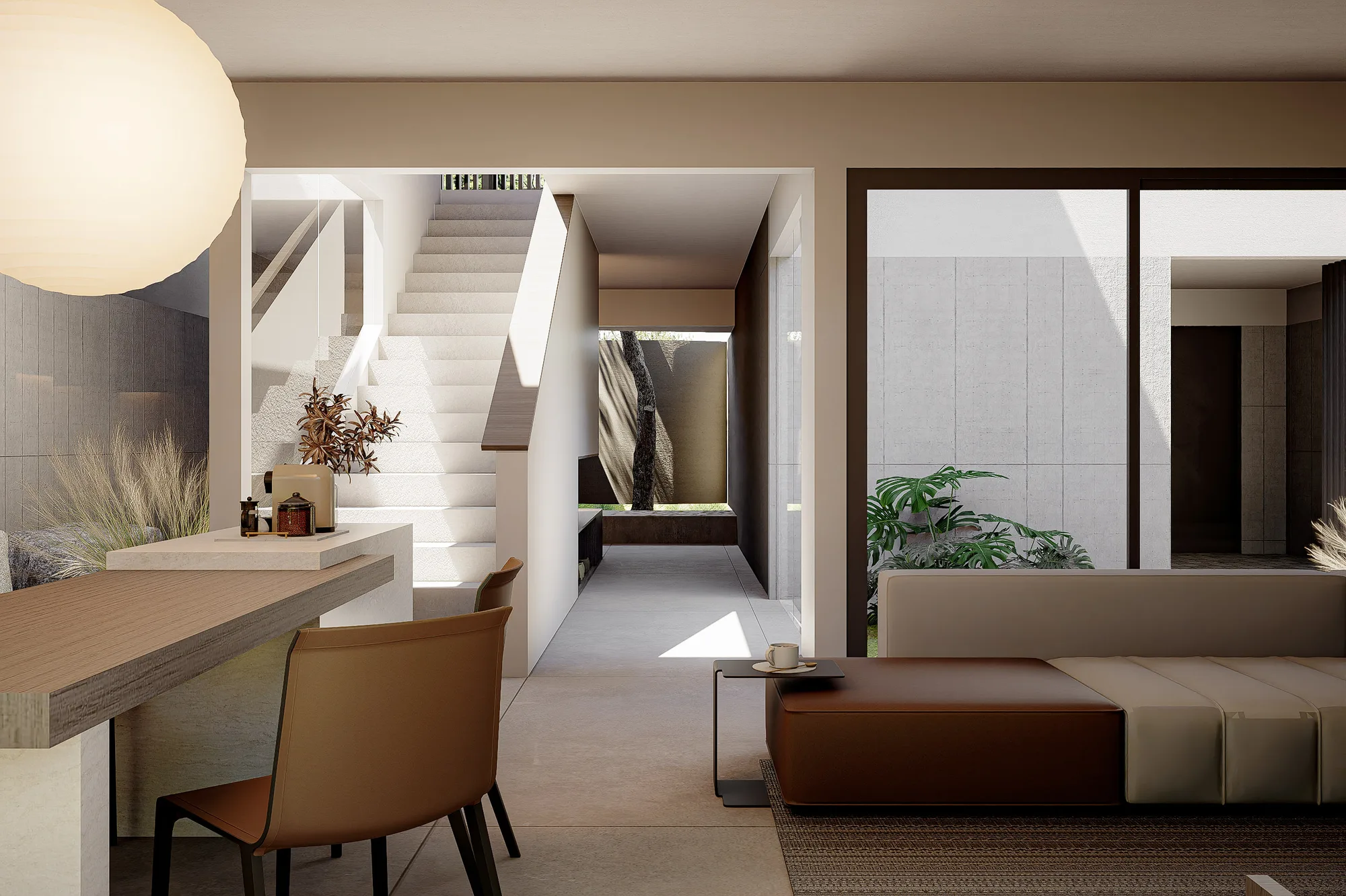 Ground-floor hallway looking past the staircase toward a tree-lit courtyard at the rear of the house.