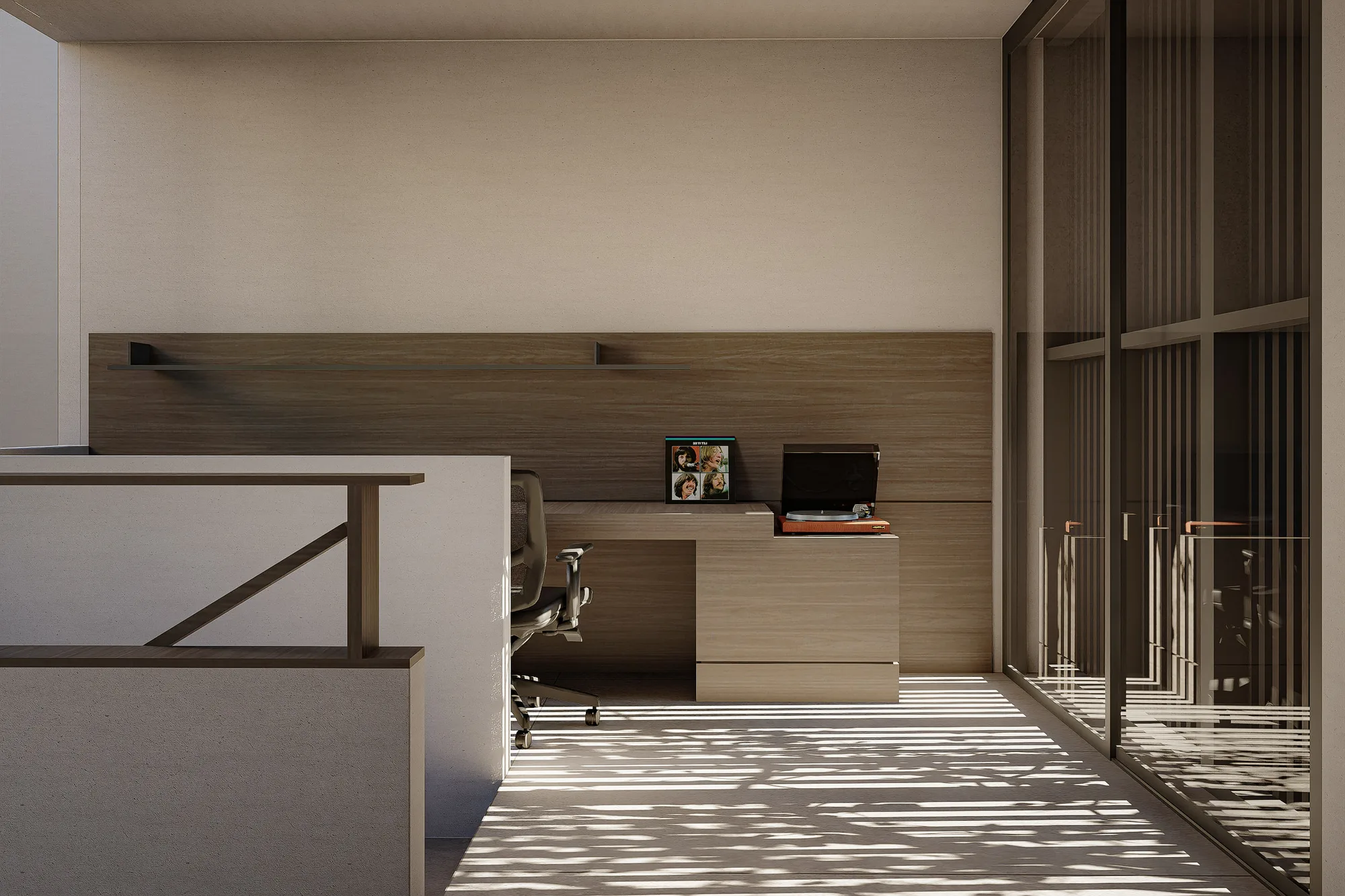 Home office desk in walnut panelling, a turntable and record sleeve set against the softly lit backsplash.