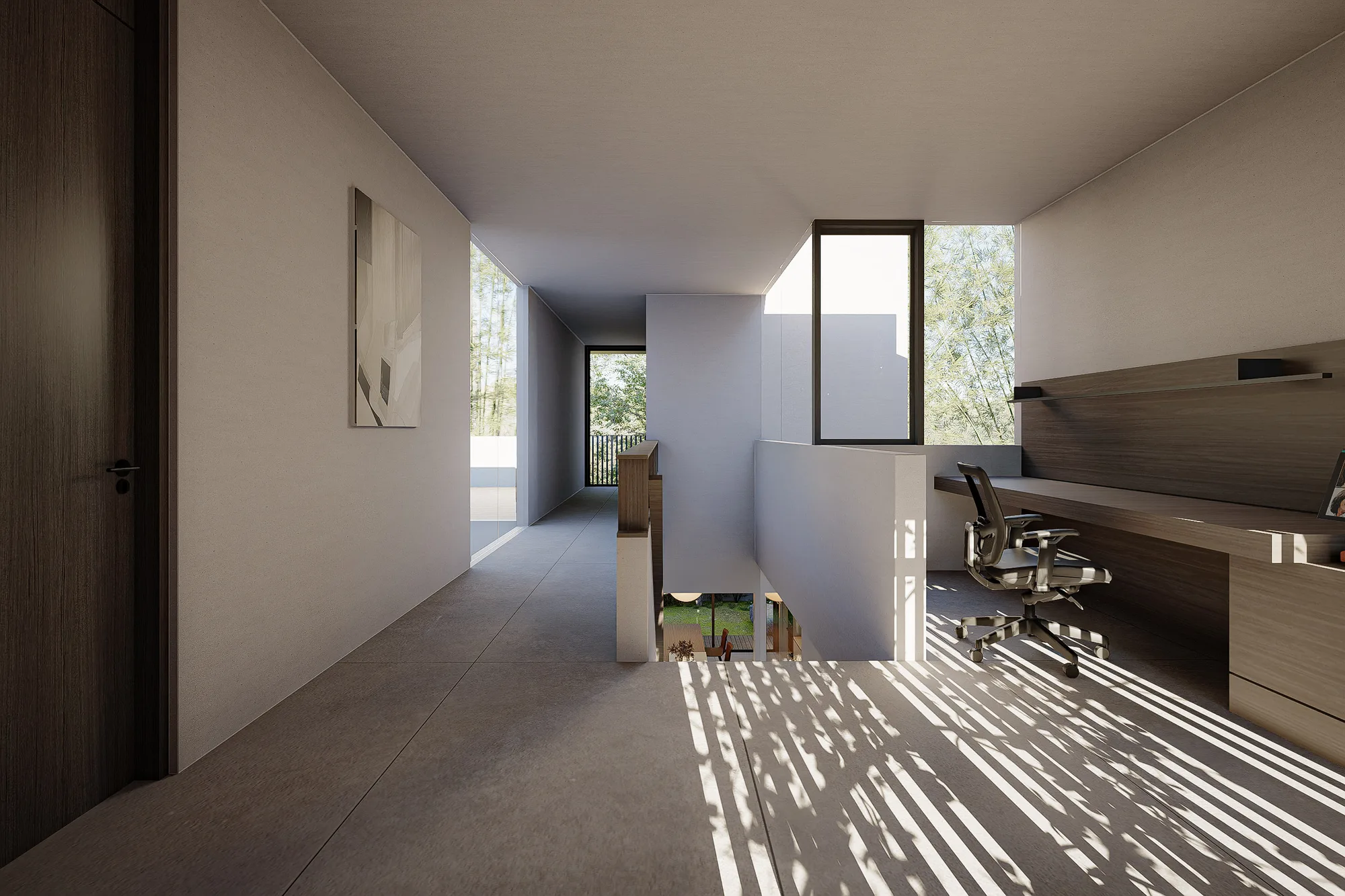 Upstairs landing office nook with desk and shelf set against the timber-panelled wall beside the stair void.
