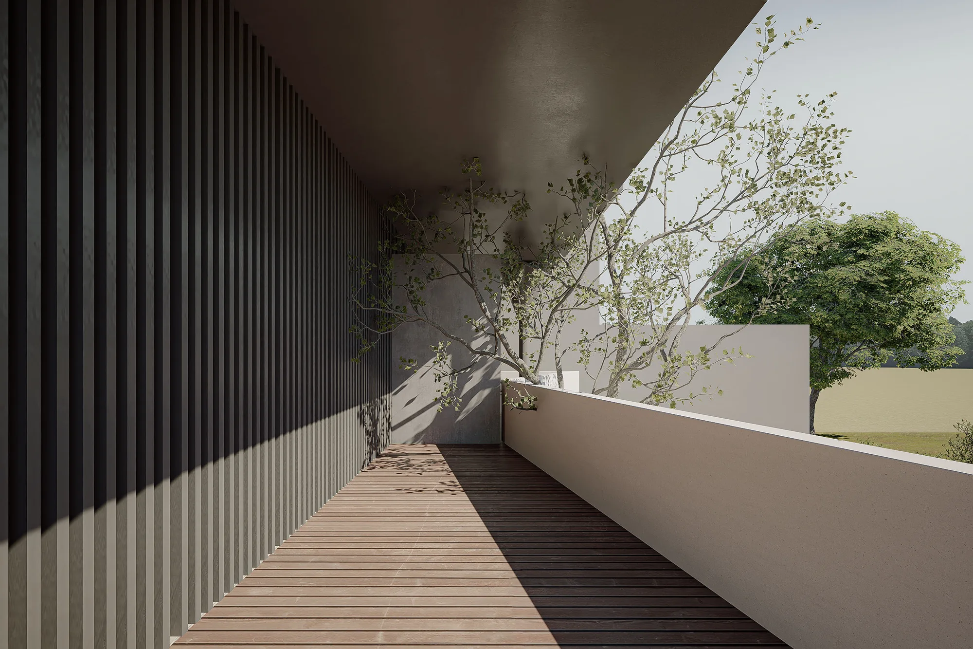 Second-floor corridor with a dark timber-slat wall, tree branches reaching over the balustrade into the covered walkway.