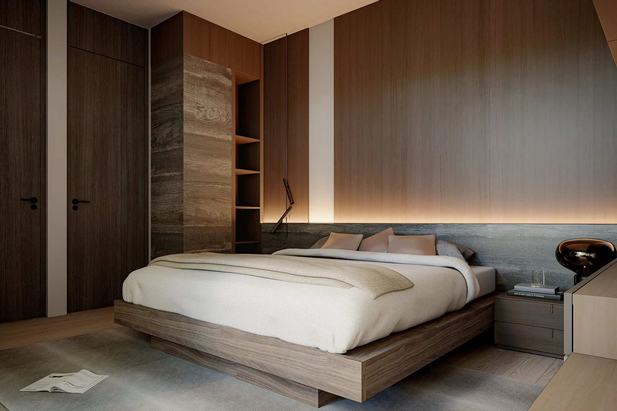 Primary bedroom enclosed in dark oak panelling, the headboard lit by a backlit light strip beside a walnut shelving column.