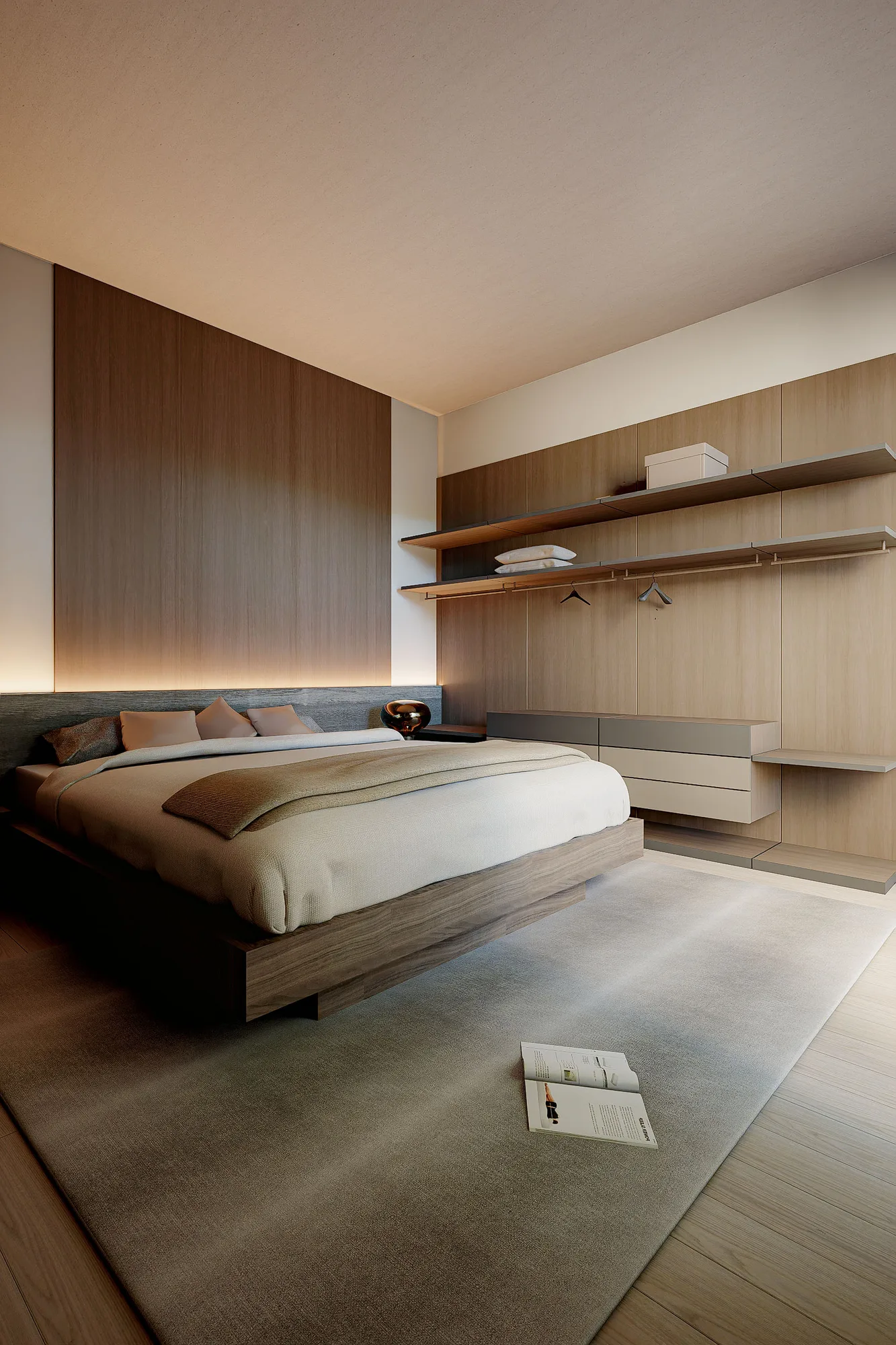 Bedroom dressing area with open timber shelving and a floating cabinet beside the platform bed.