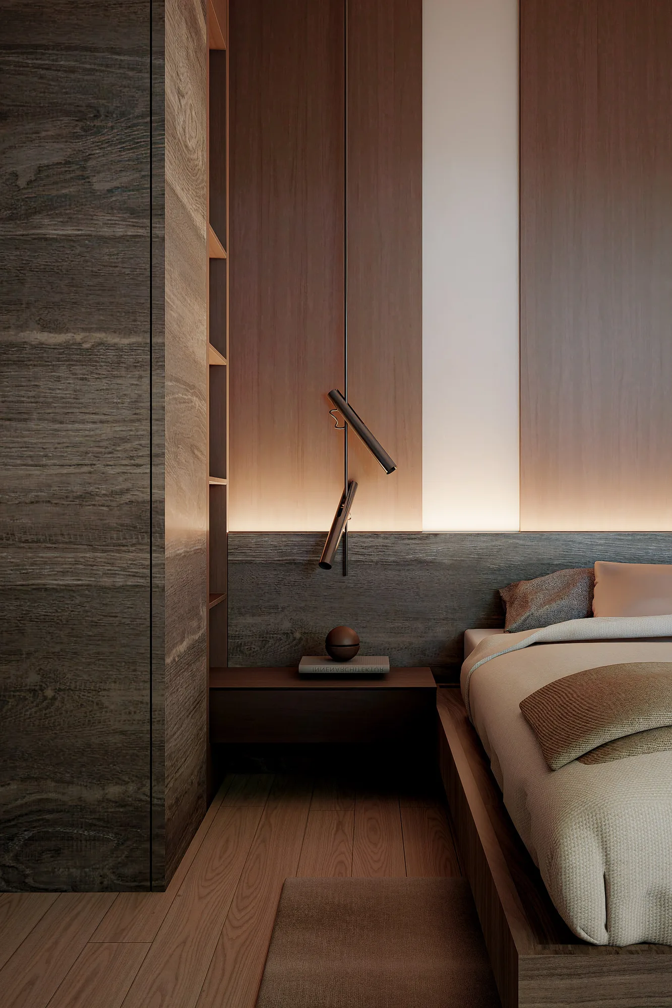 Bedside detail in dark oak panelling, a pendant reading light hanging beside the backlit headboard strip.