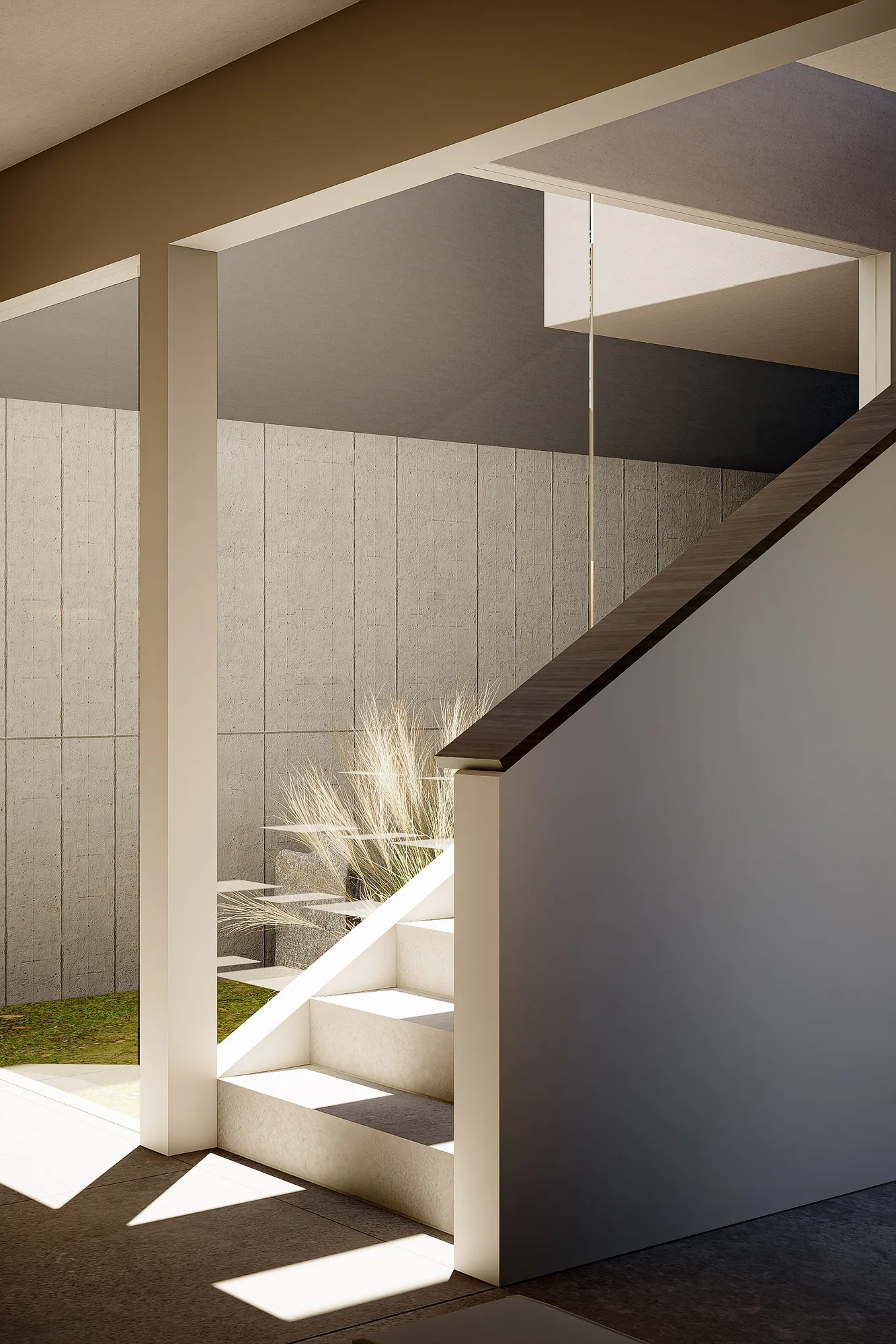Stair landing overlooking a stepped stone garden with ornamental grass against the textured concrete-block wall.