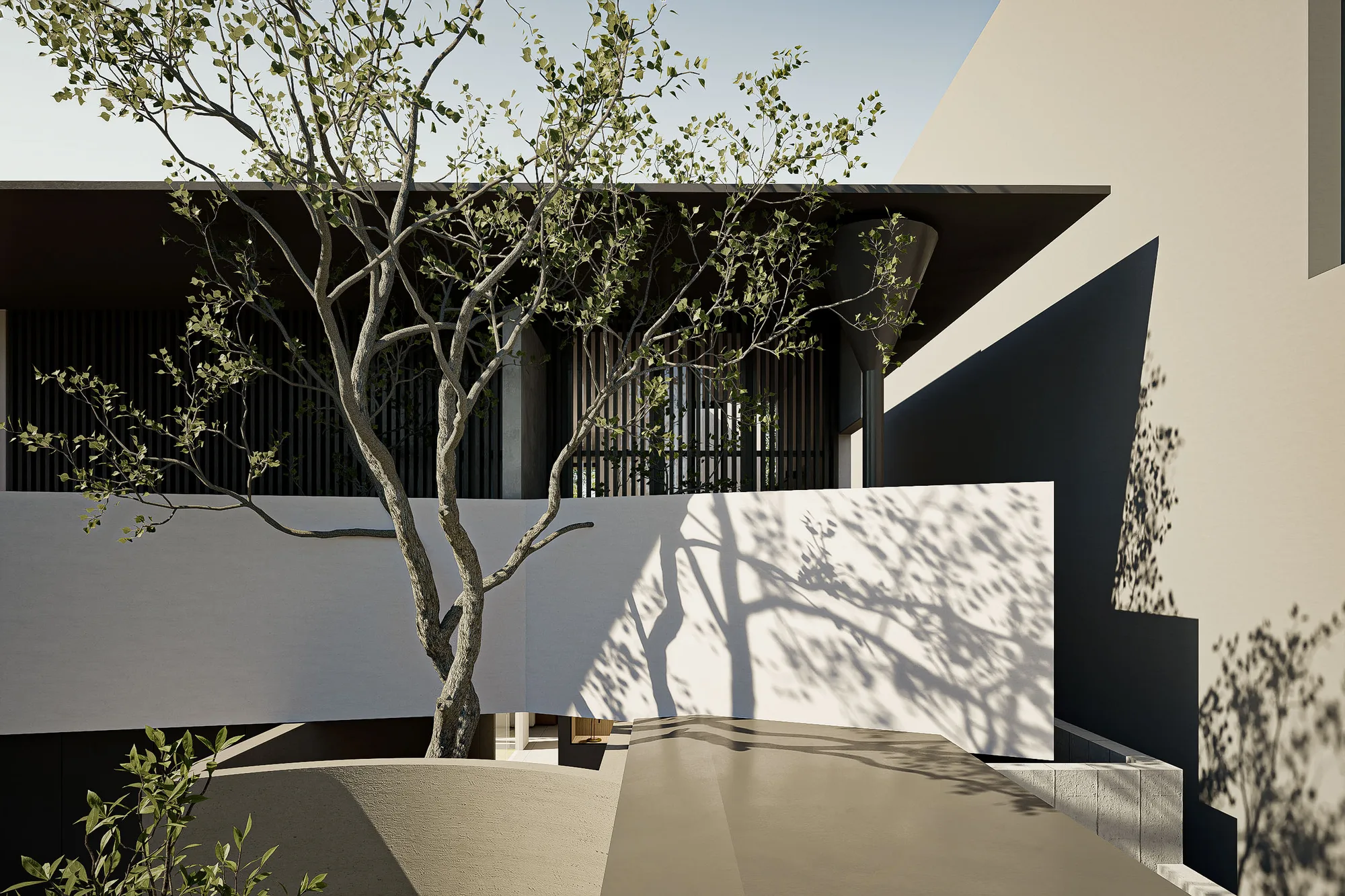 Upper-storey timber screen and dark soffit seen past the courtyard tree, its shadow cast across the plastered parapet.