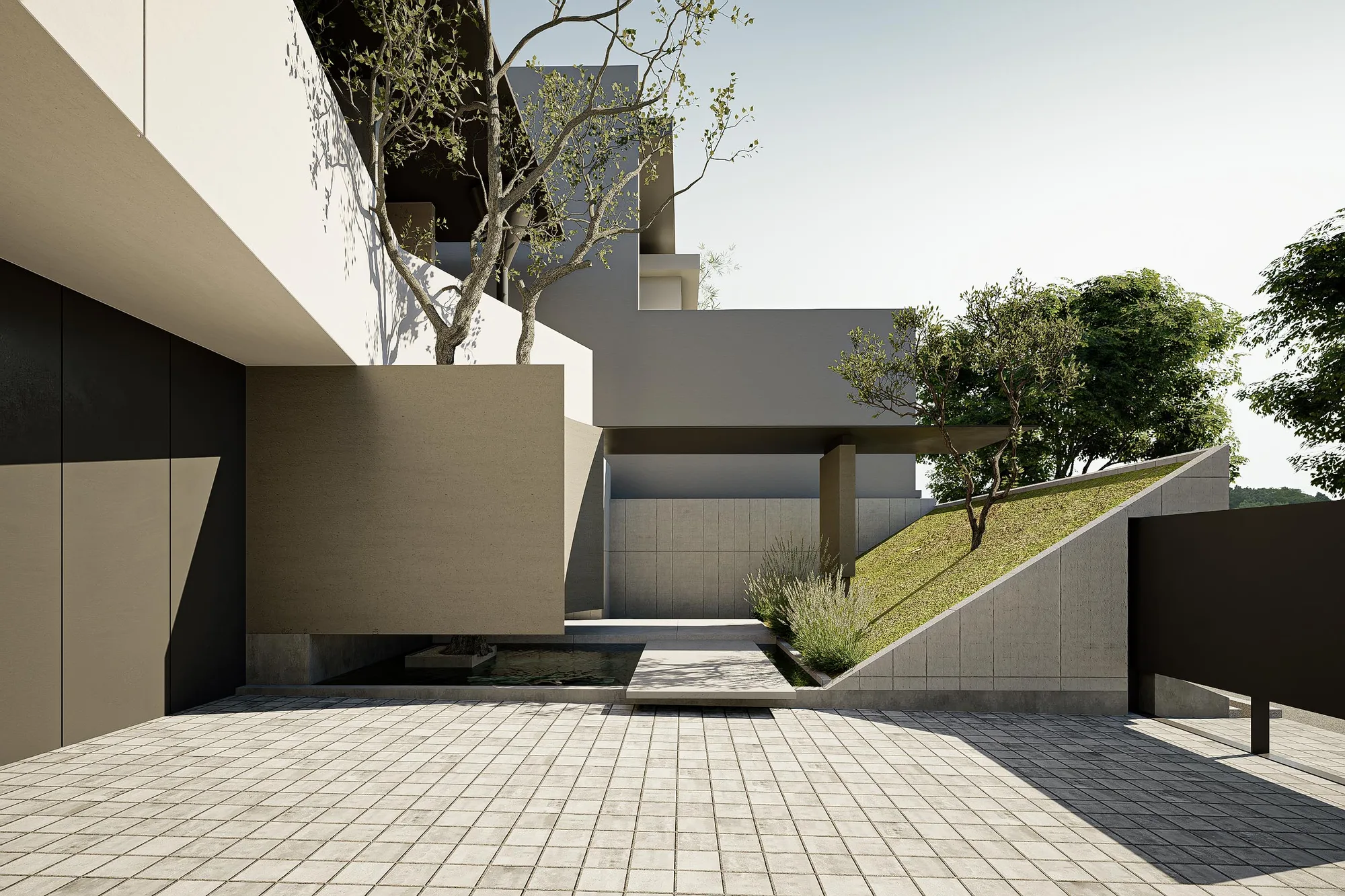 Entry courtyard with a tree rising through the reflecting pool beneath the deep cantilevered roof.