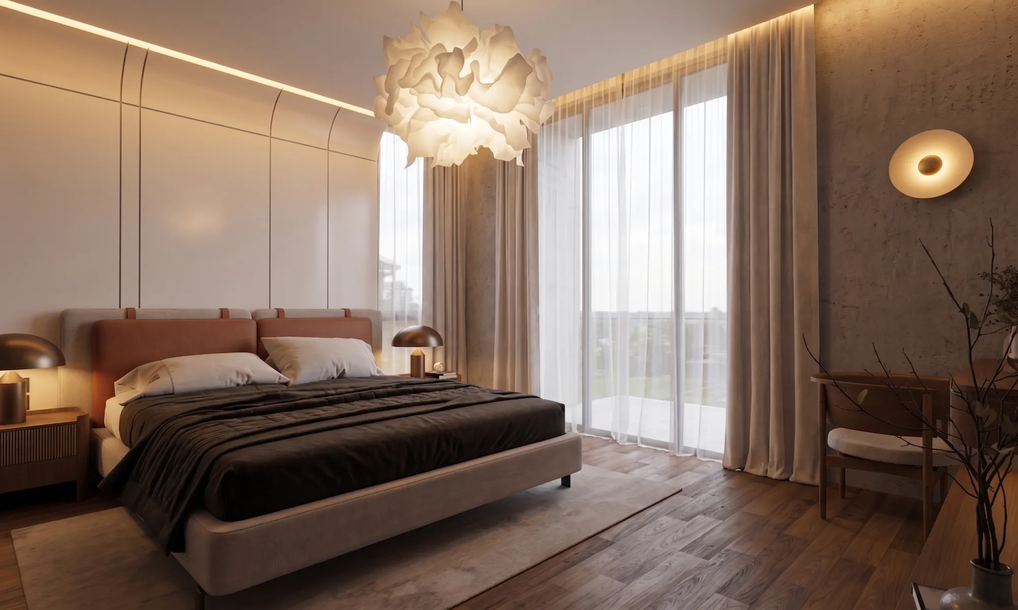 The primary bedroom's leather-trimmed headboard and dark linens sit beneath a petal-shaped pendant, floor-to-ceiling sheers drawn back onto a dark wood floor and raw concrete wall.