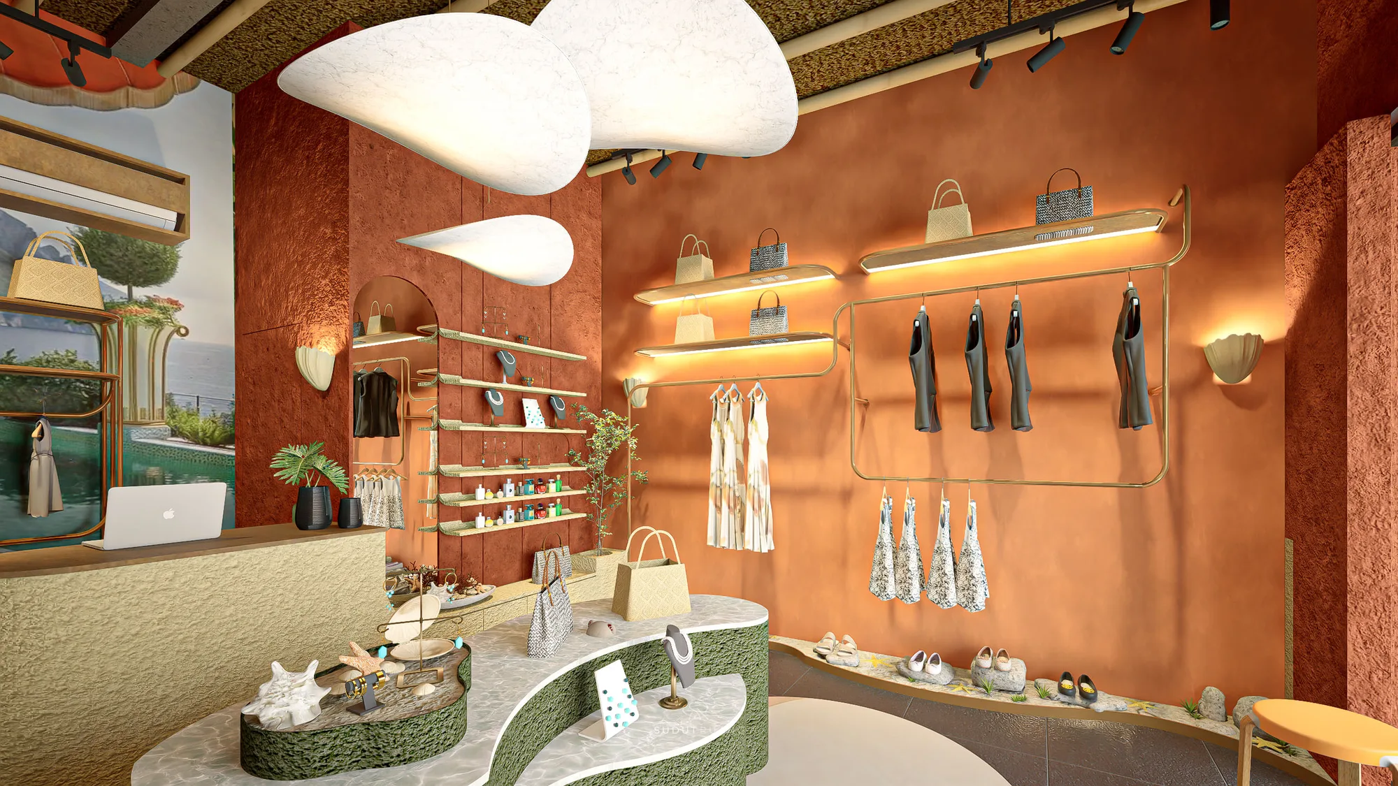 House of Majik's interior curving around wave-shaped green display counters, terracotta walls hung with jewellery shelves beneath cloud-shaped pendant lights.