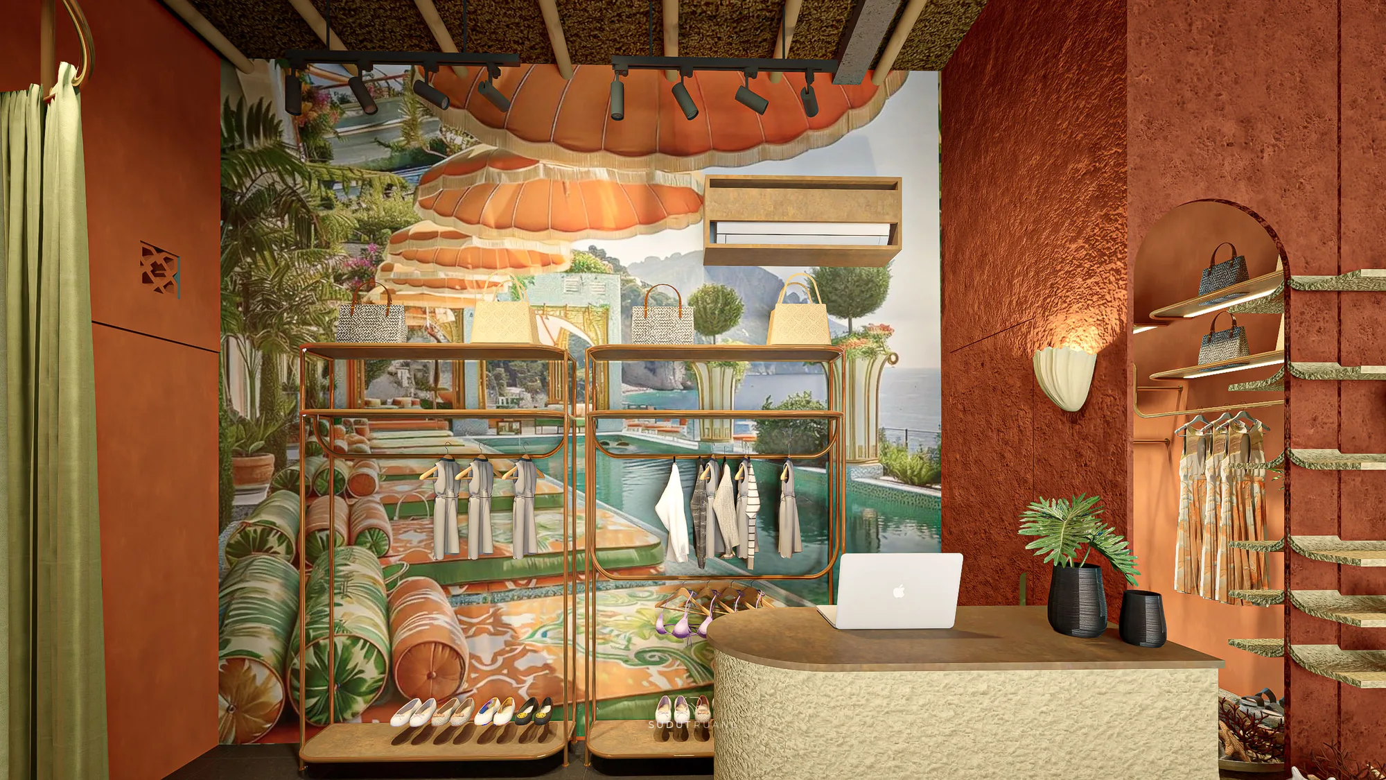 House of Majik's open glazed door framing a view of the street outside, sandals and hanging dresses lining the terracotta interior.