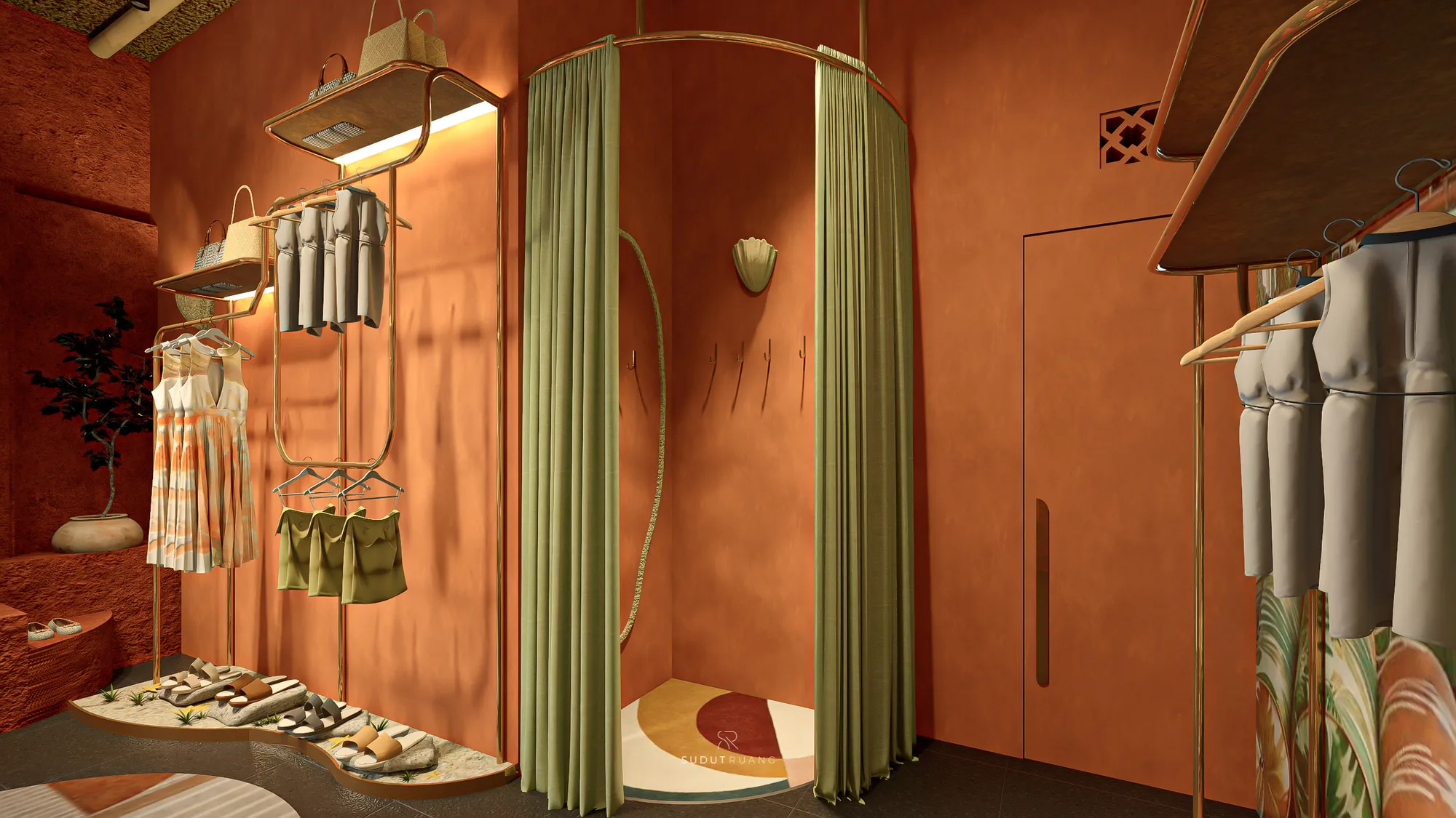 A curtained fitting room and clothing racks along House of Majik's terracotta wall, sandals set on a sand-textured display shelf below.