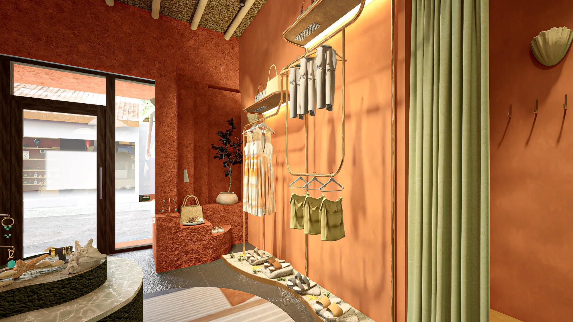 House of Majik's entrance area with a dress rack and jewellery stand beside the open door to the street.