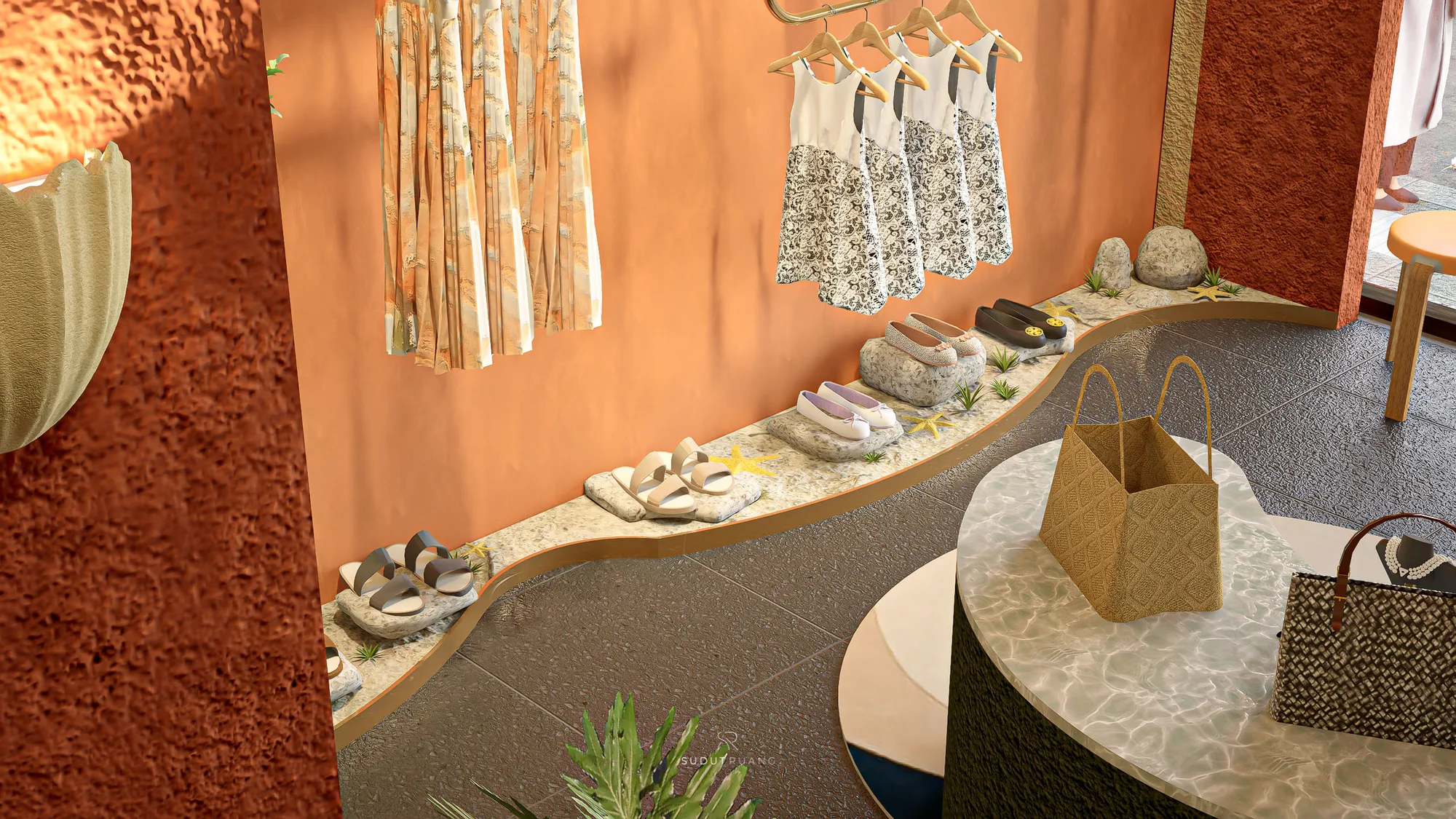 A row of sandals lined along House of Majik's stone-textured display shelf beneath hanging patterned dresses.