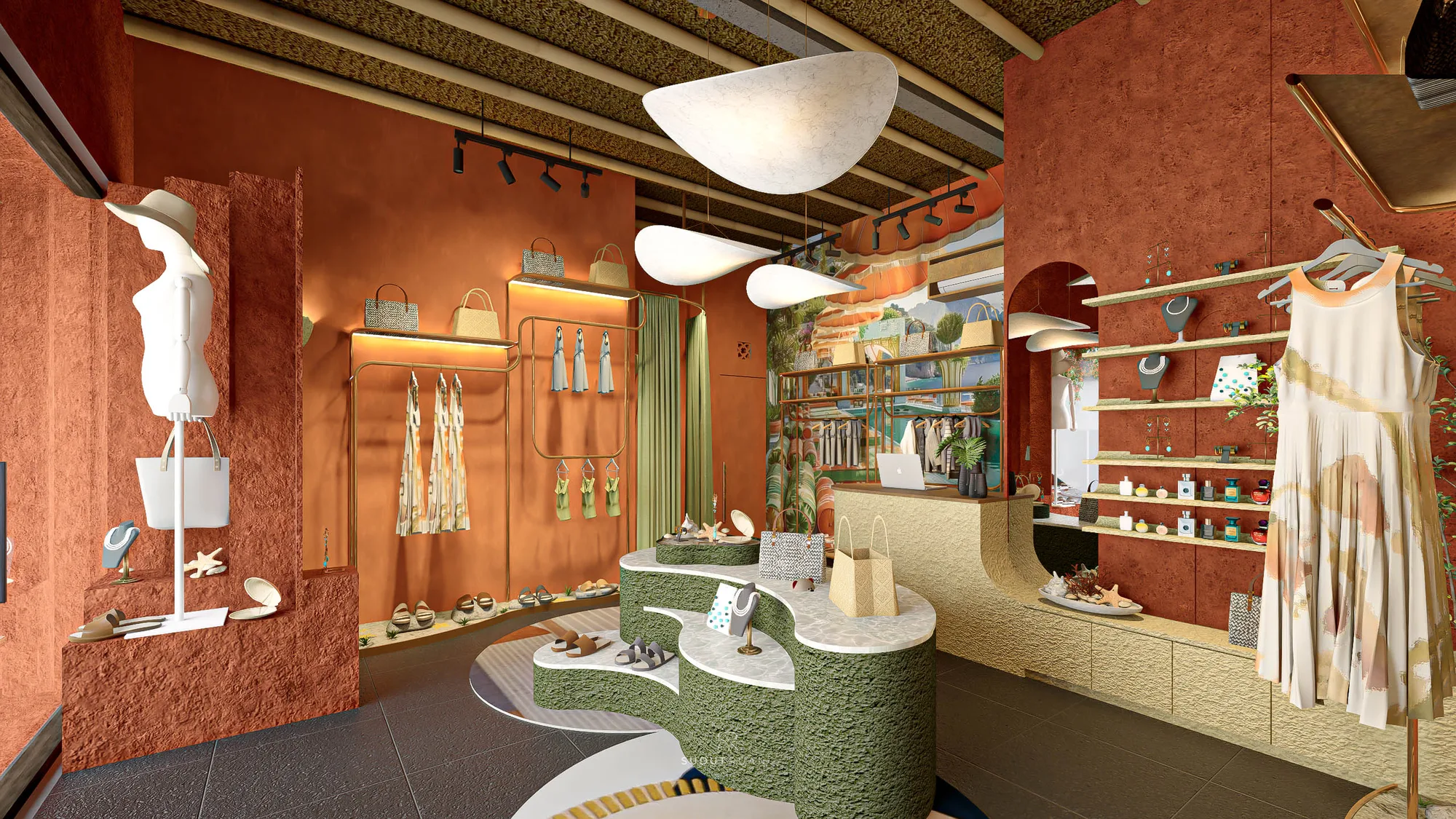 Rows of woven bags and jewellery shelved above a reception counter, dresses hanging from brass racks against House of Majik's orange plaster wall.