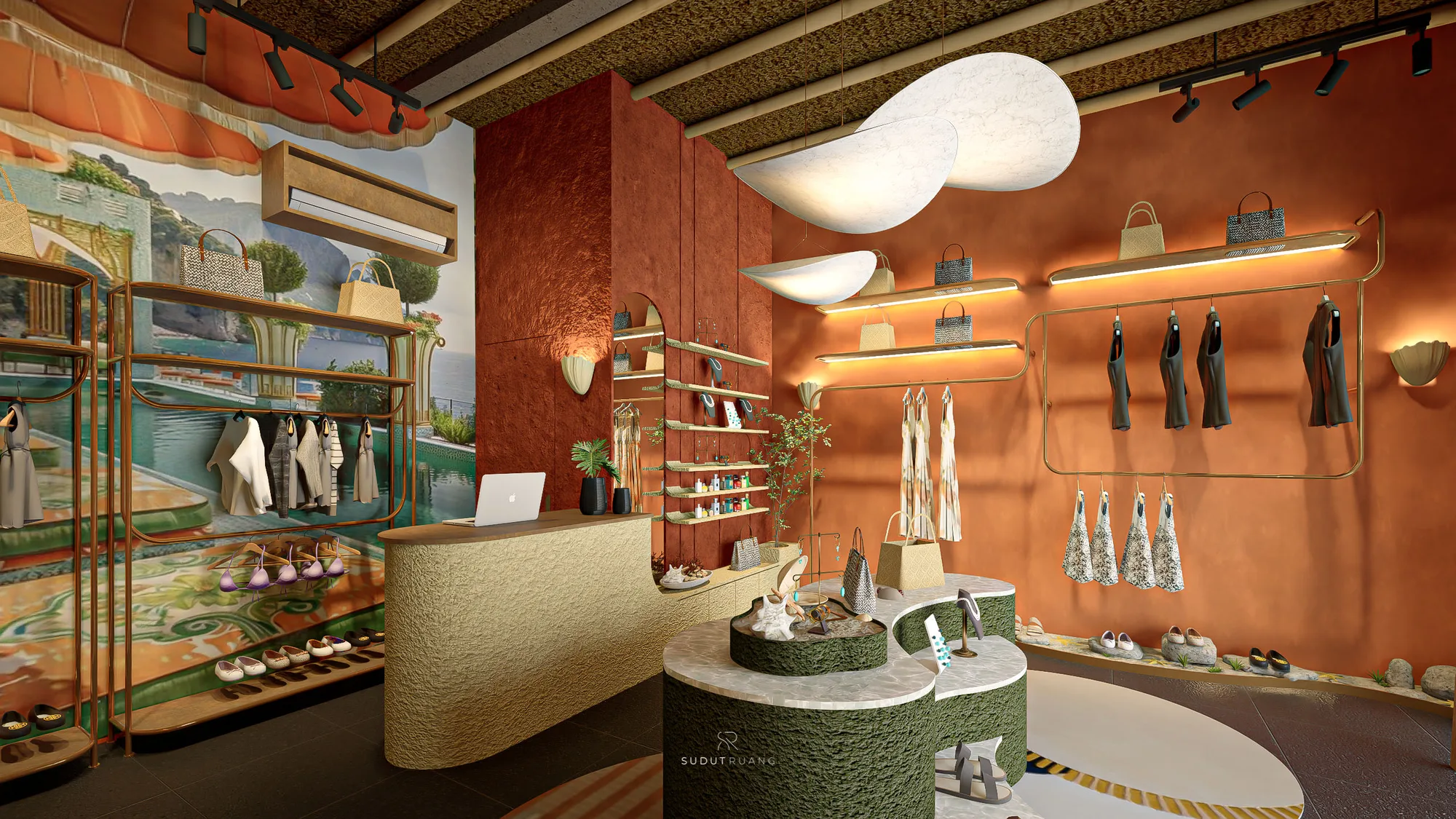 House of Majik's terracotta storefront window and entrance seen from inside, a hat-wearing mannequin and jewellery shelf beside the glazed door.