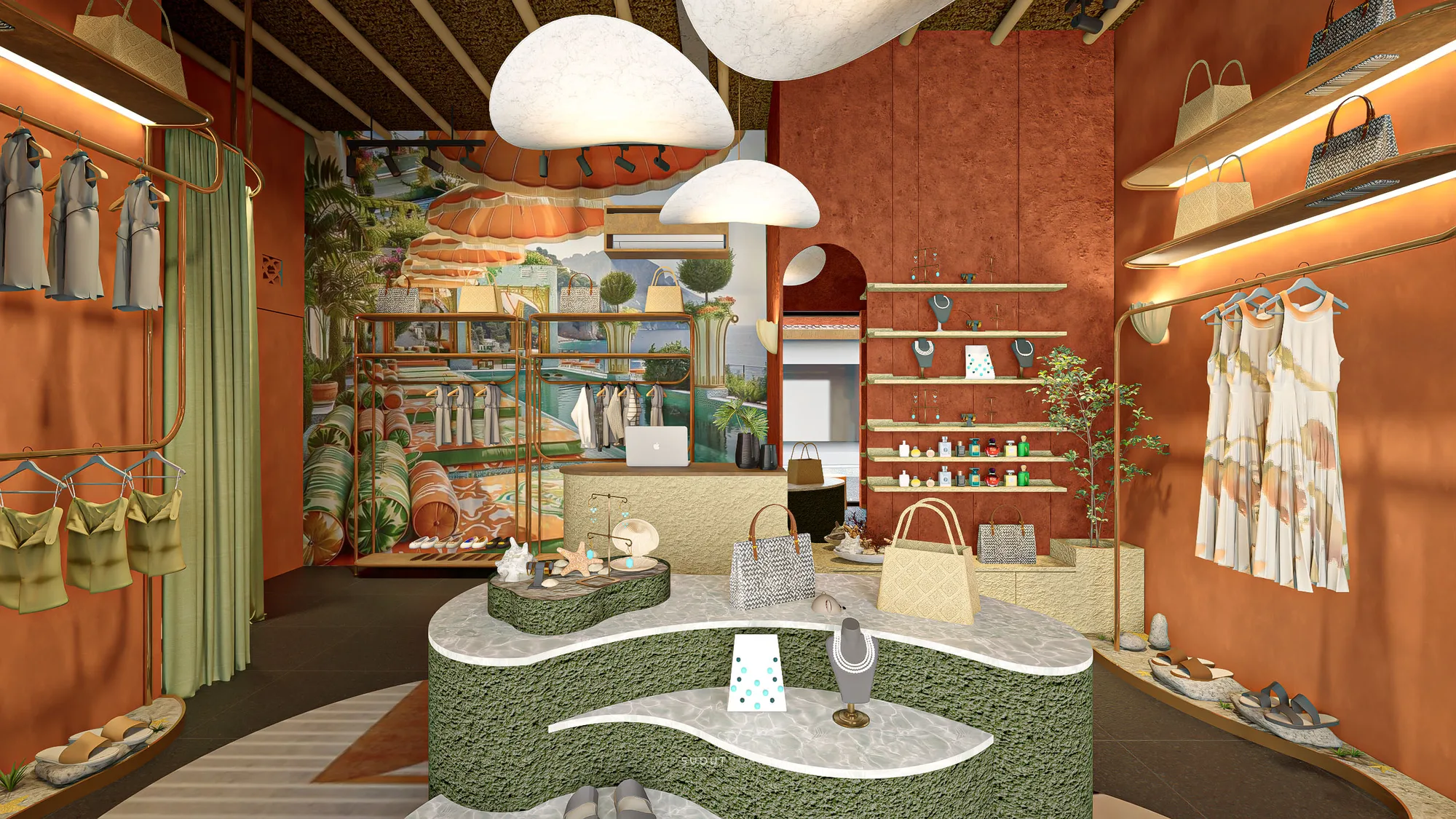 Sandals and dresses displayed along a sand-textured shelf inside House of Majik, its glazed door open to the street beyond.