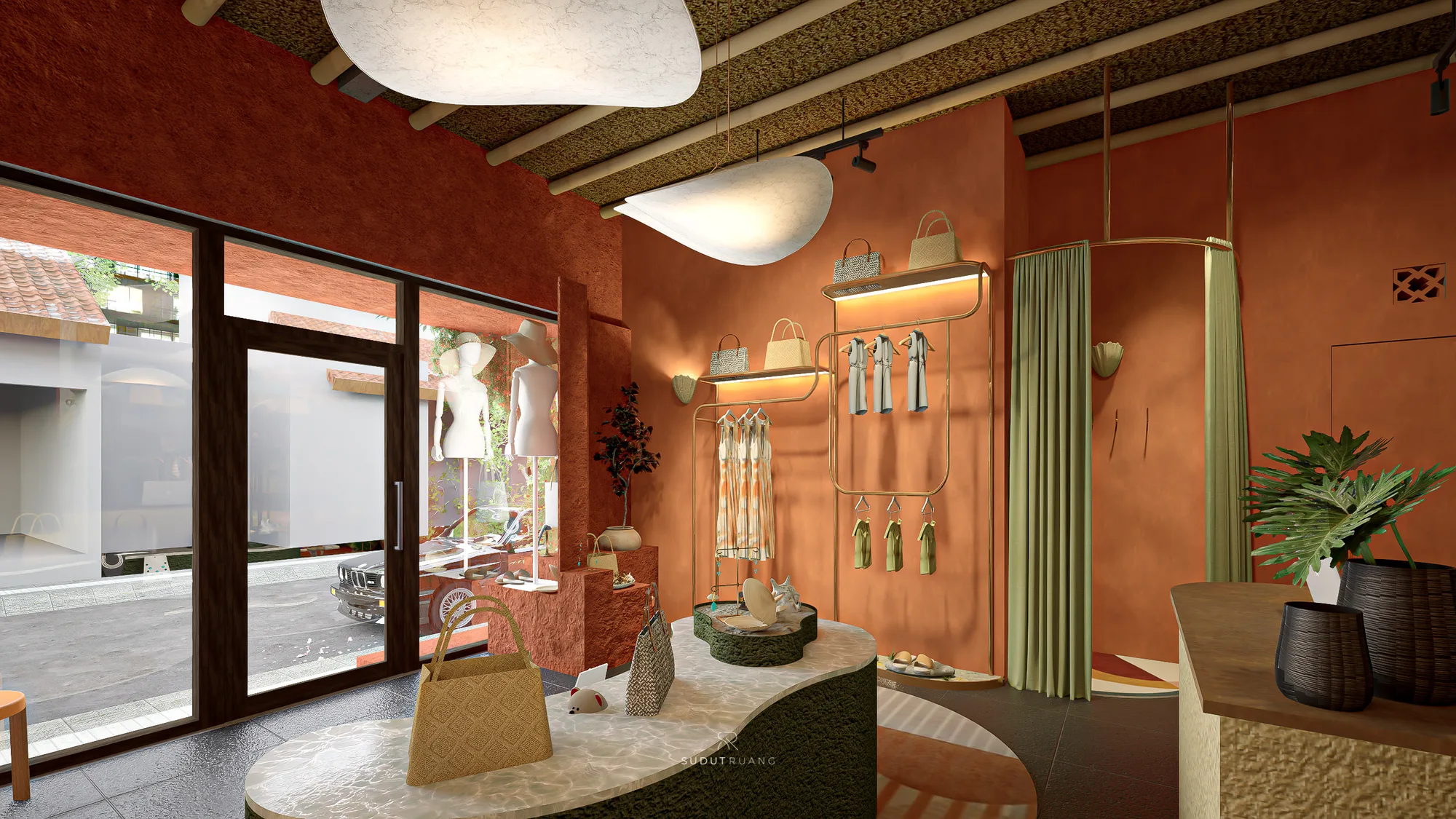 A coastal mural wall behind House of Majik's clothing racks and reception desk, a spiral staircase visible at the edge of frame.