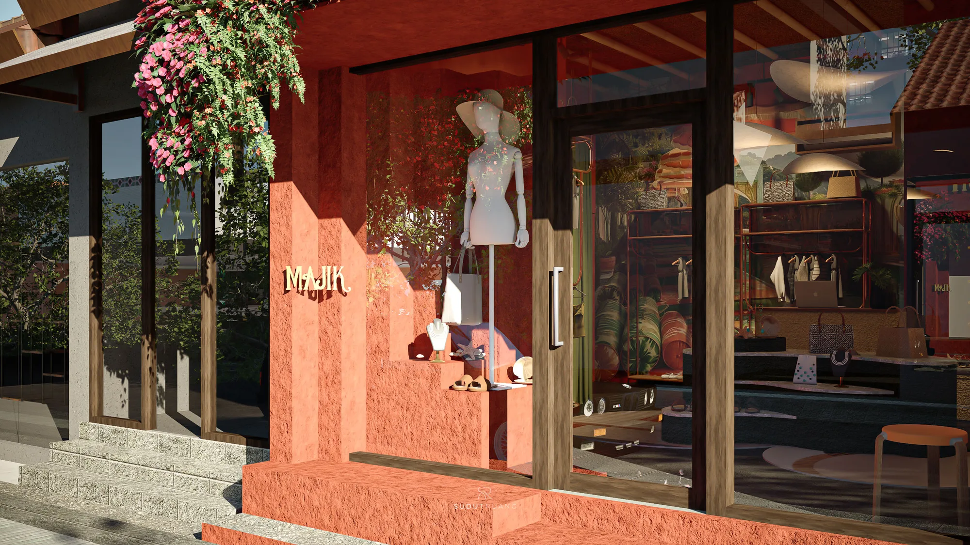 House of Majik By The Beach's full street-facing facade in daylight, its rust-orange storefront framed by neighbouring shophouses and a parked car out front.