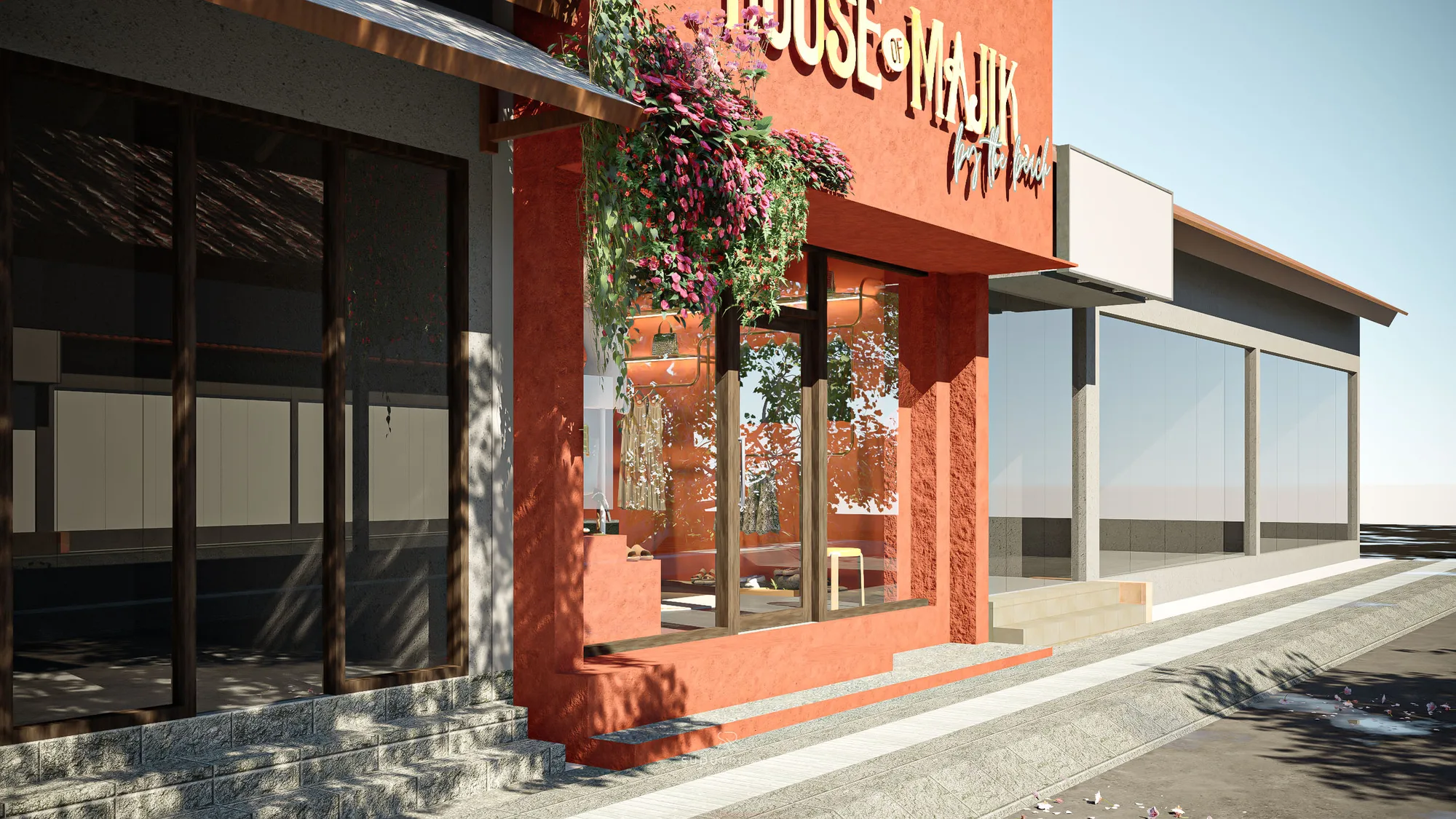 House of Majik By The Beach's daytime storefront with its full signage, flowering vine, and parked car along the street.
