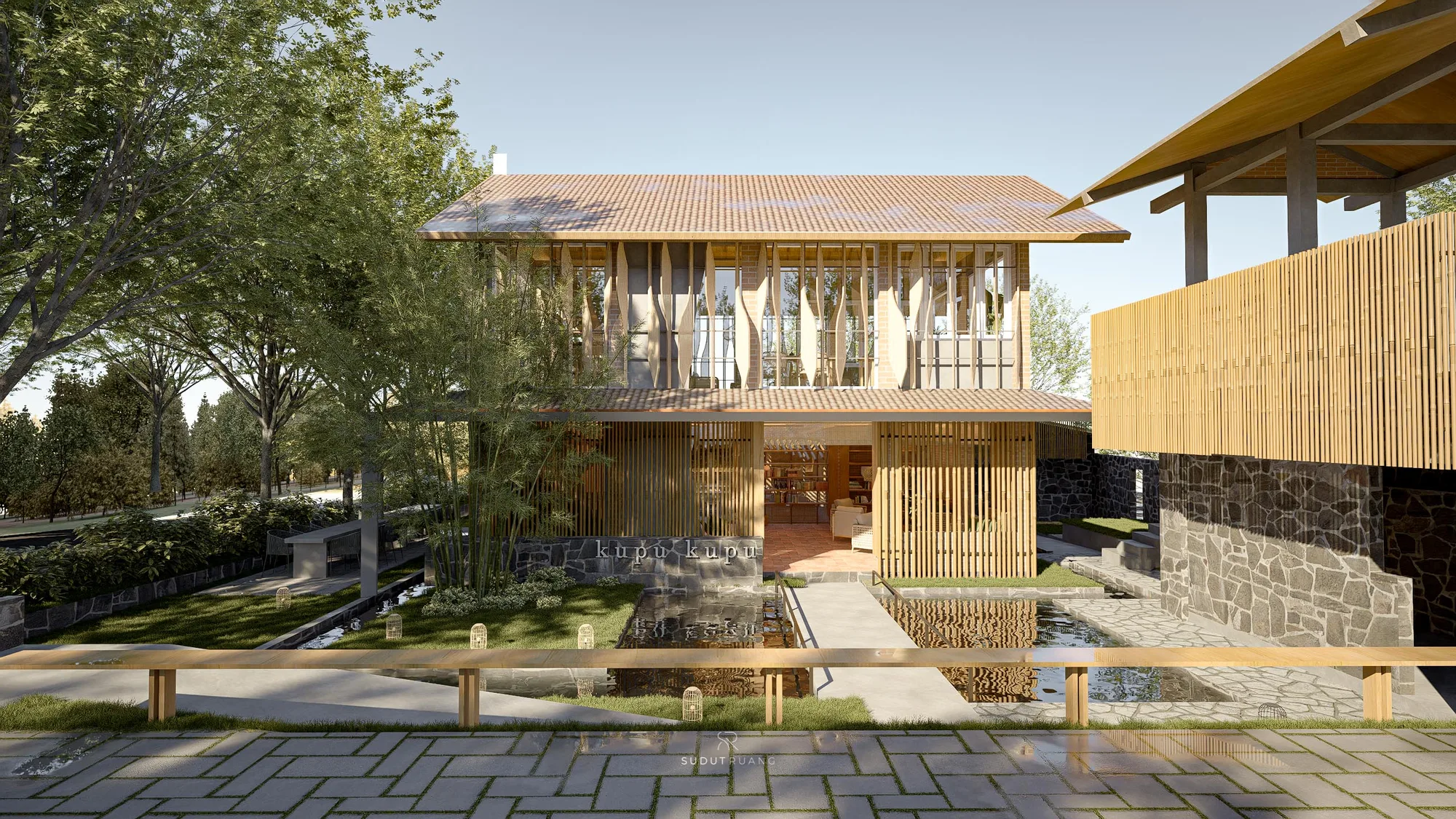 Kafe Kupu-kupu's two-storey timber-screened facade over a stone base, a reflecting pool and wood footbridge at the entrance.