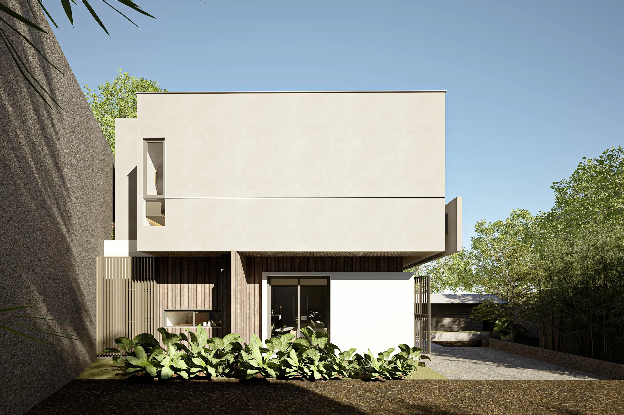 Rear elevation with a cantilevered upper volume in white render shading a ground floor wrapped in timber slats and glazing.