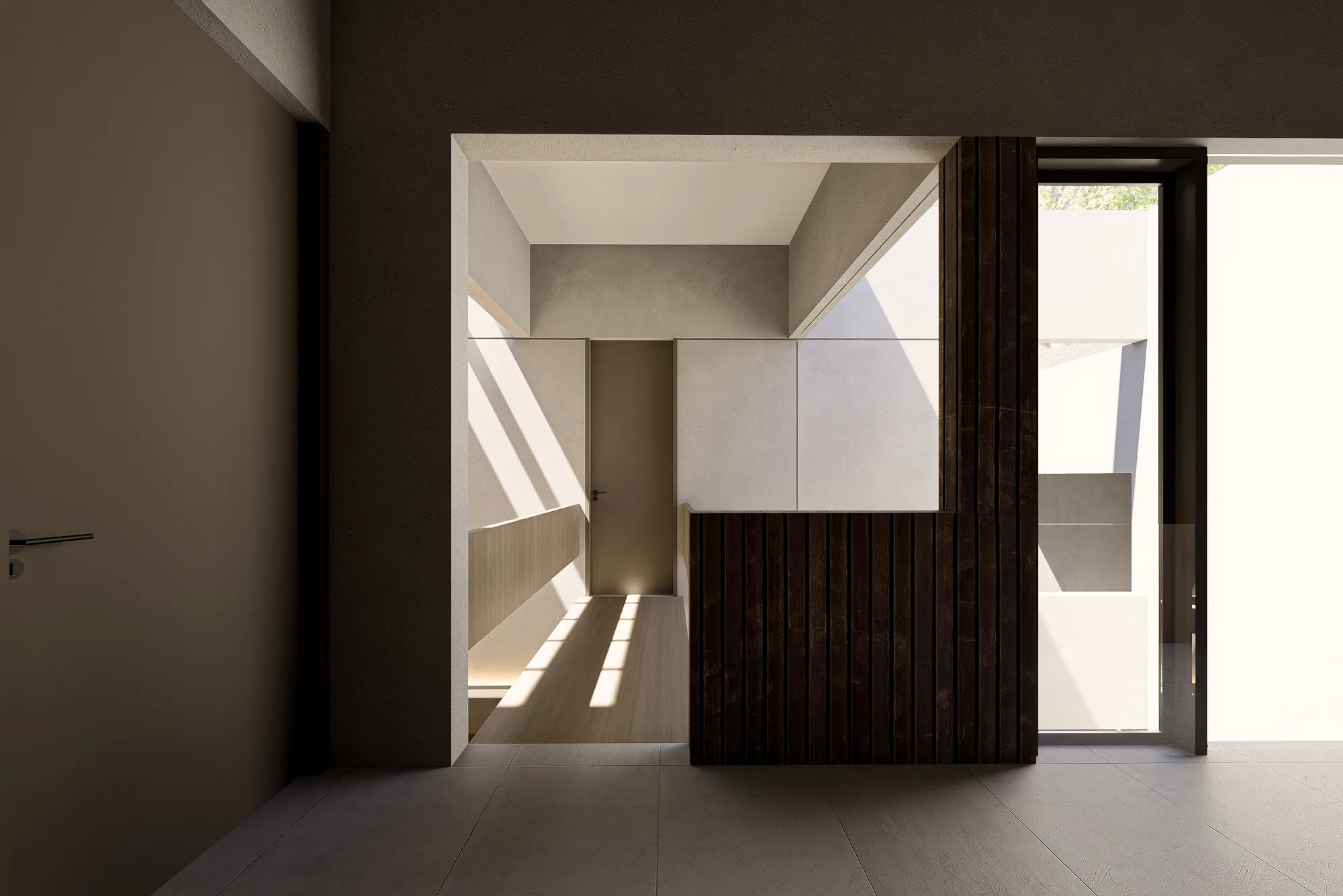 Landing at the top of the stair, timber slat cladding and a glazed door opening onto the courtyard below.