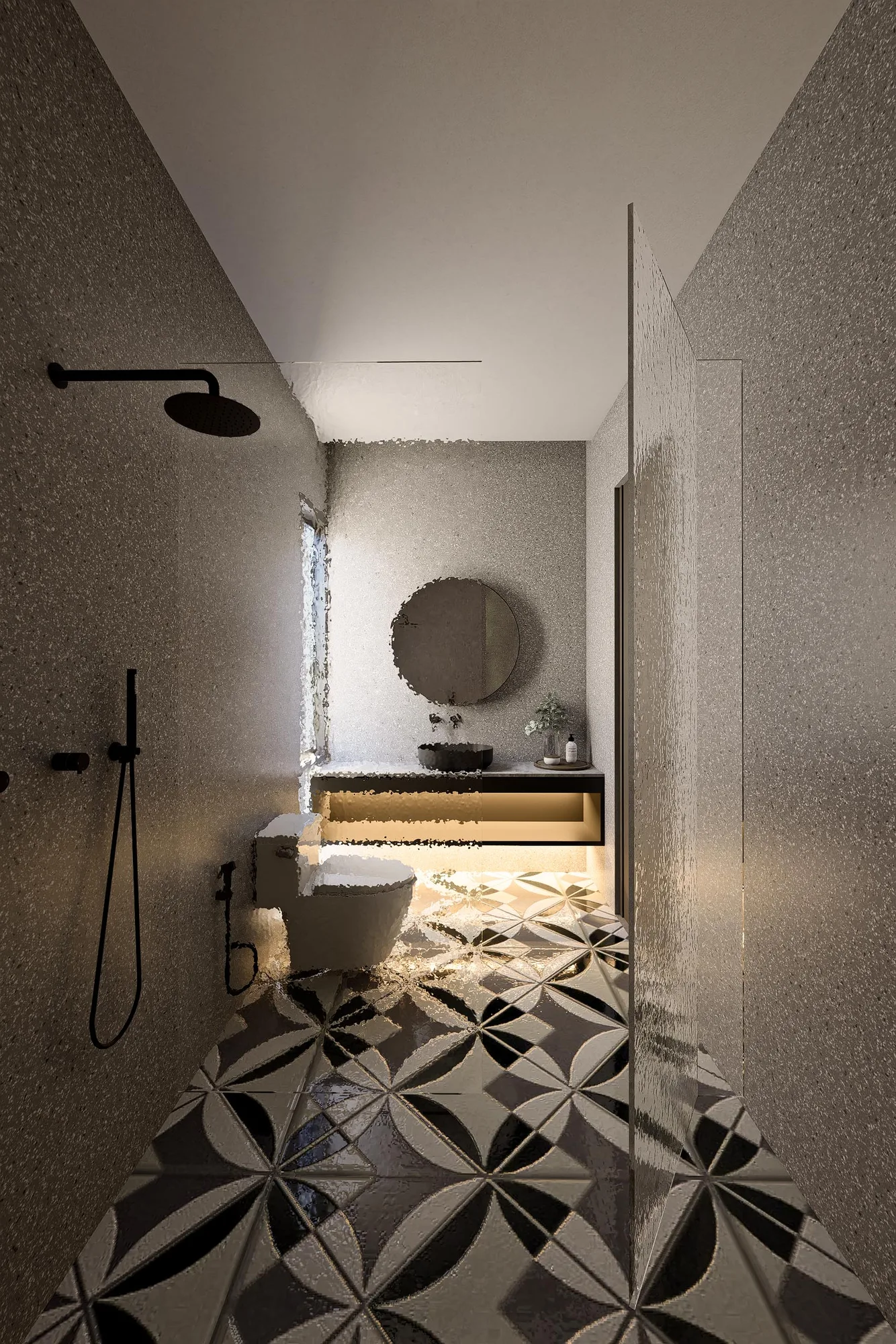 Ensuite bathroom in speckled terrazzo, a round mirror over a black vessel sink and patterned tile underfoot.