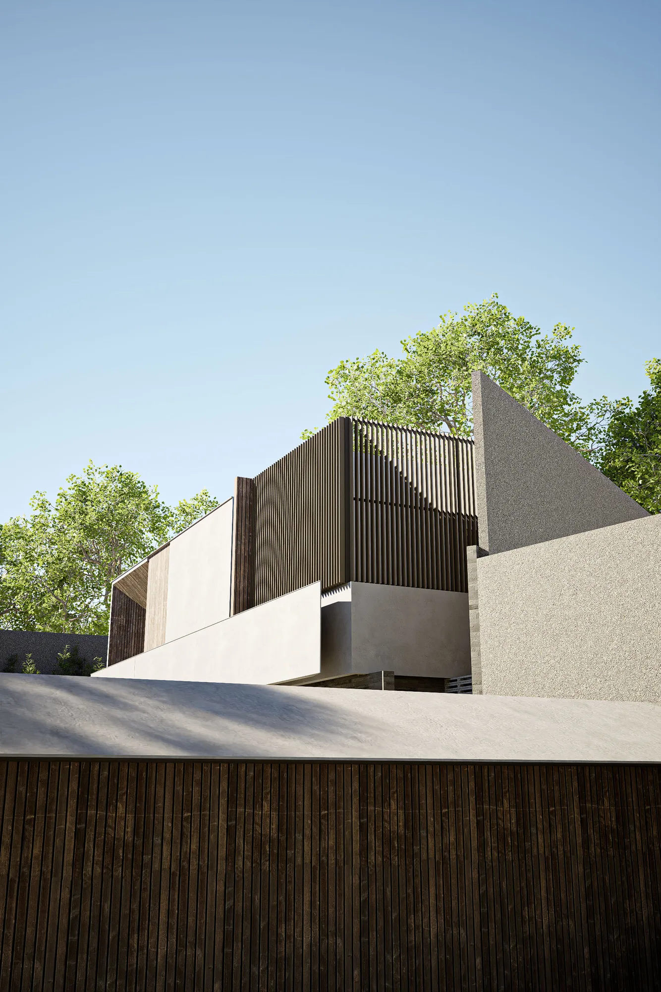 Upward view of the massing where a slatted timber volume meets a raw concrete wall against the tree canopy.