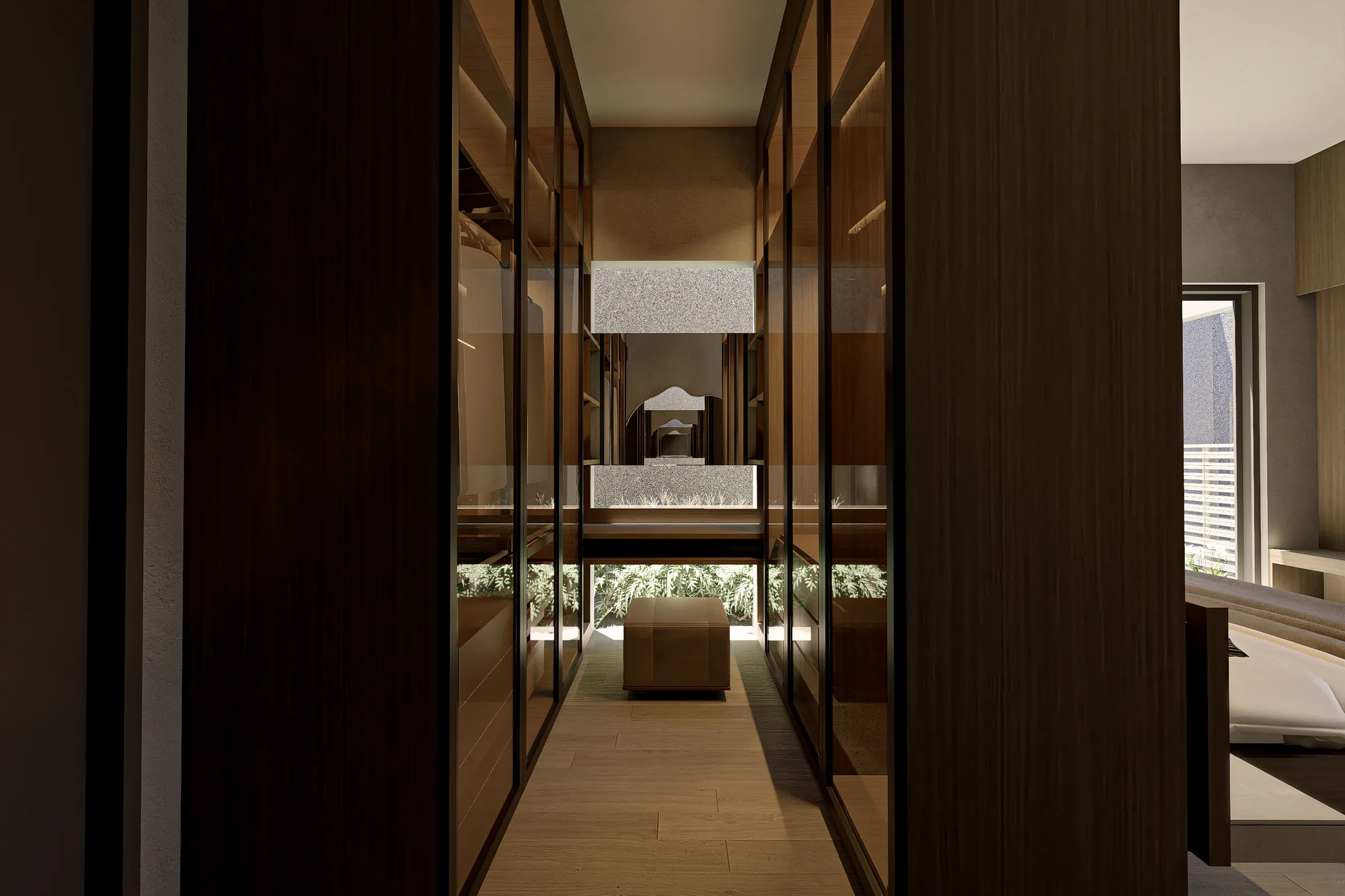 Walk-in closet lined with mirrored wardrobe doors, an upholstered ottoman centred on the runner toward a garden window.
