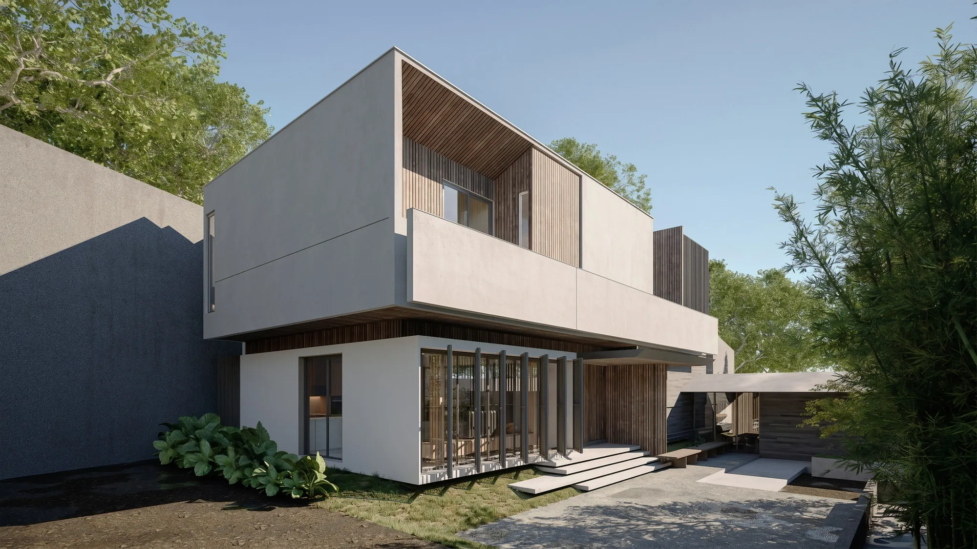 Corner view of the two-storey facade, a slatted timber balcony and full-height sliding glass beneath a cantilevered upper floor.