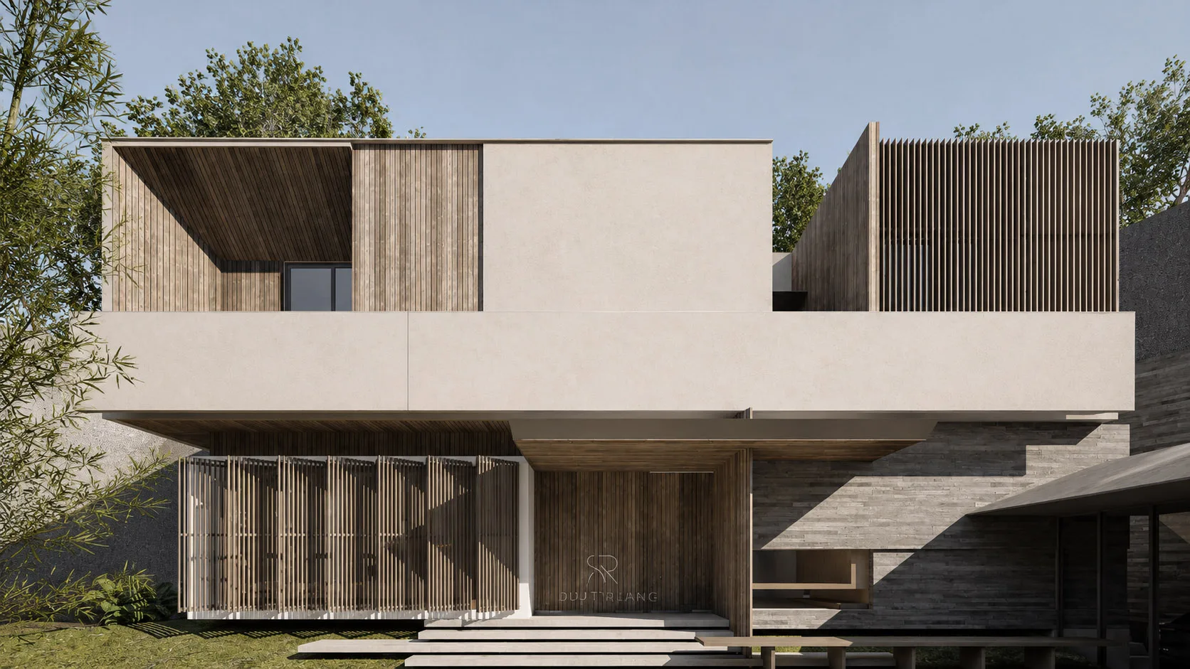 Street facade of Kebagusan house, timber vertical slats over pale render with a stacked-stone base and a folded concrete canopy.