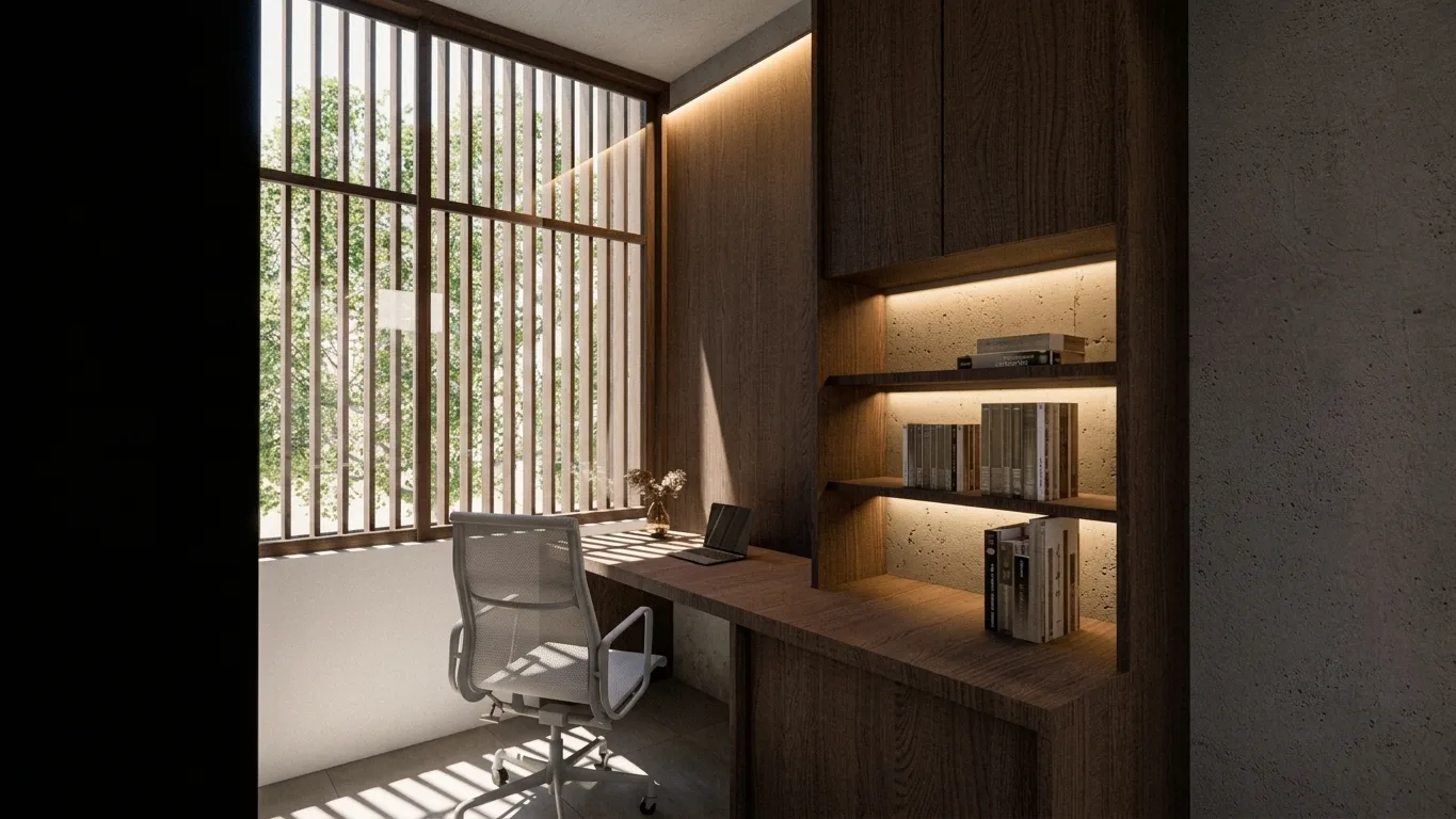 Study nook with a mesh office chair at a built-in timber desk, lit shelving of books beside a slatted window.
