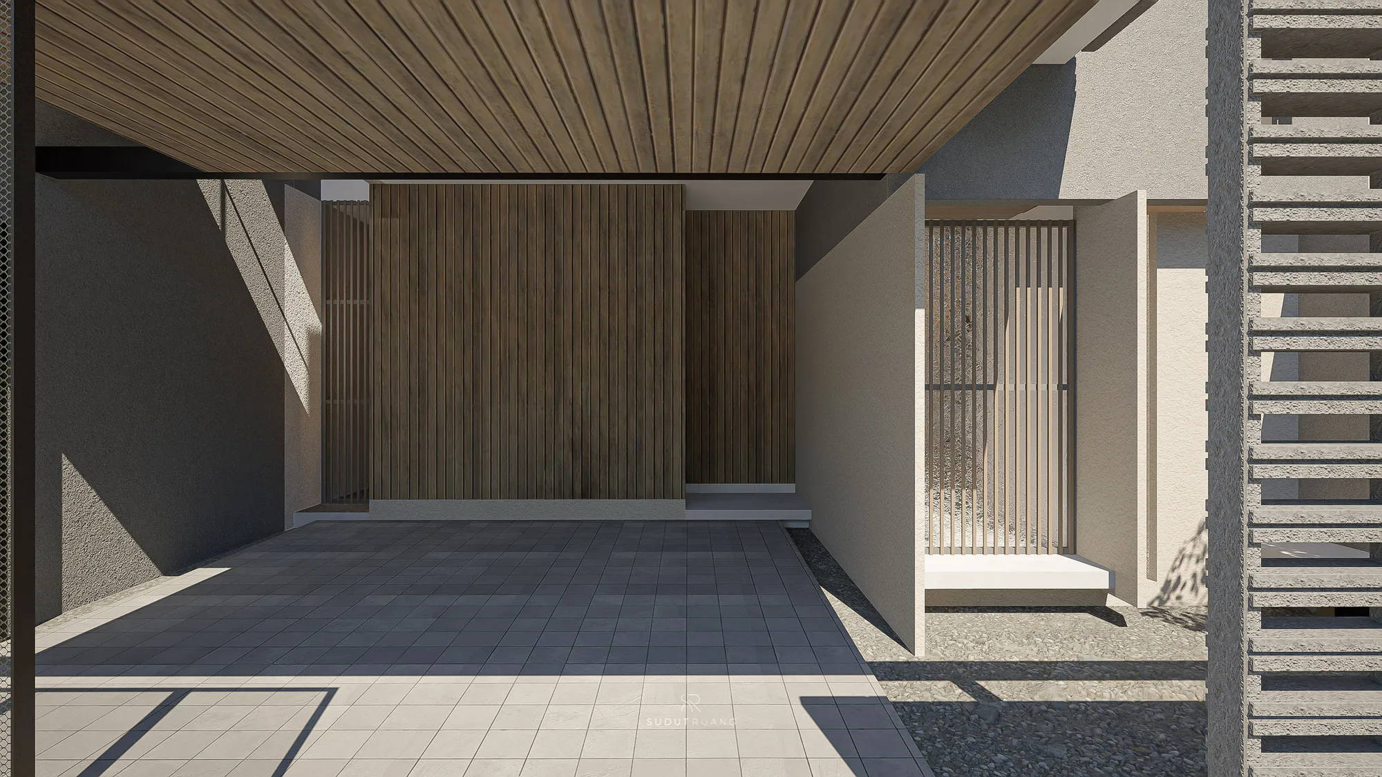 A slatted timber ceiling shelters KF House's carport, opening onto a vertical timber screen wall and gray-tiled entry path.