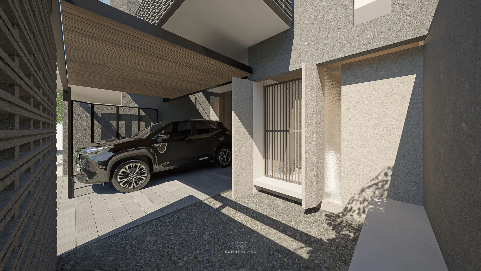 A car parked under KF House's timber-lined carport roof, beside a vertical timber slat screen door at the entry threshold.
