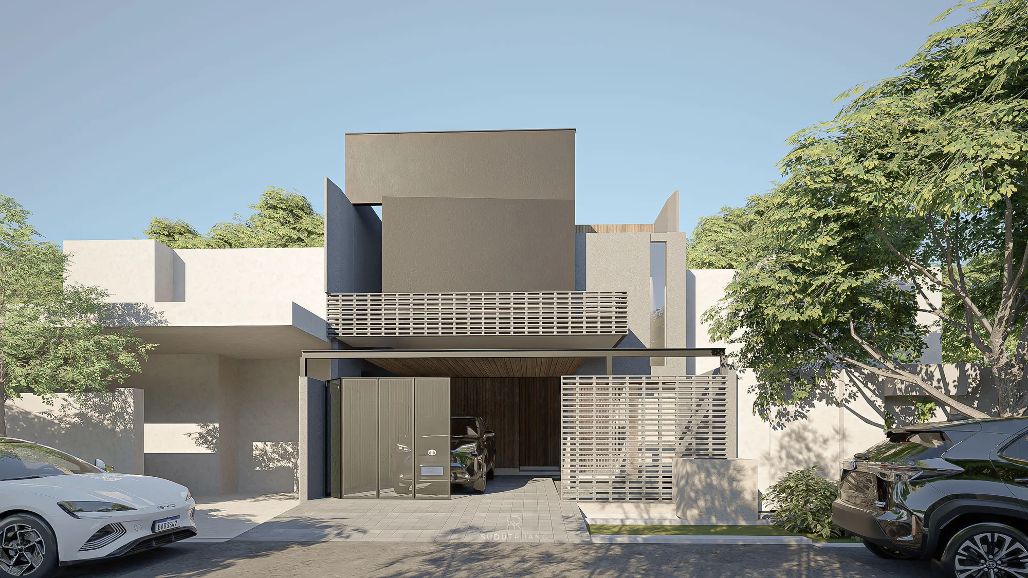 KF House's dark plastered volume cantilevering over a timber slat screen and glass-fronted garage.