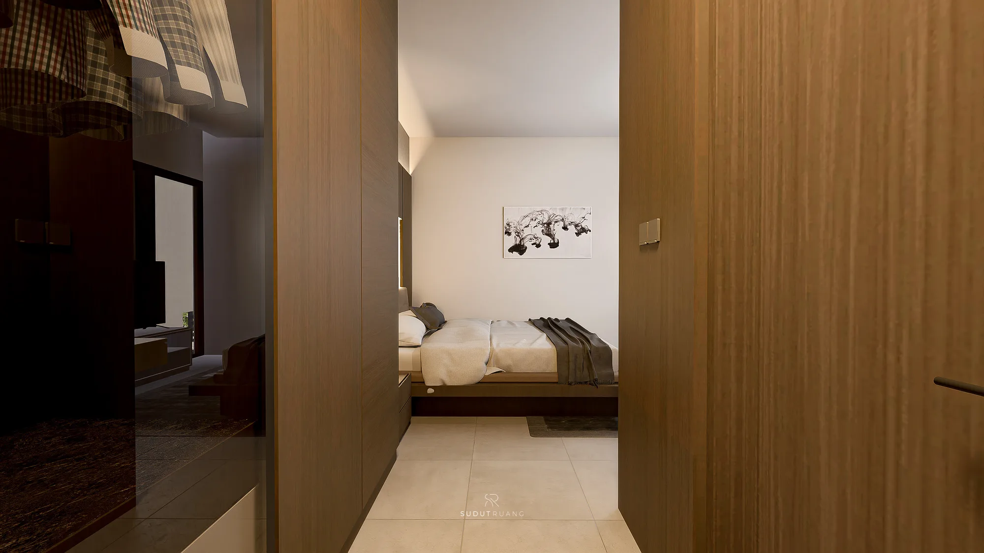 A wood door opens onto KF House's bedroom, with a monochrome abstract print hung above the bed.