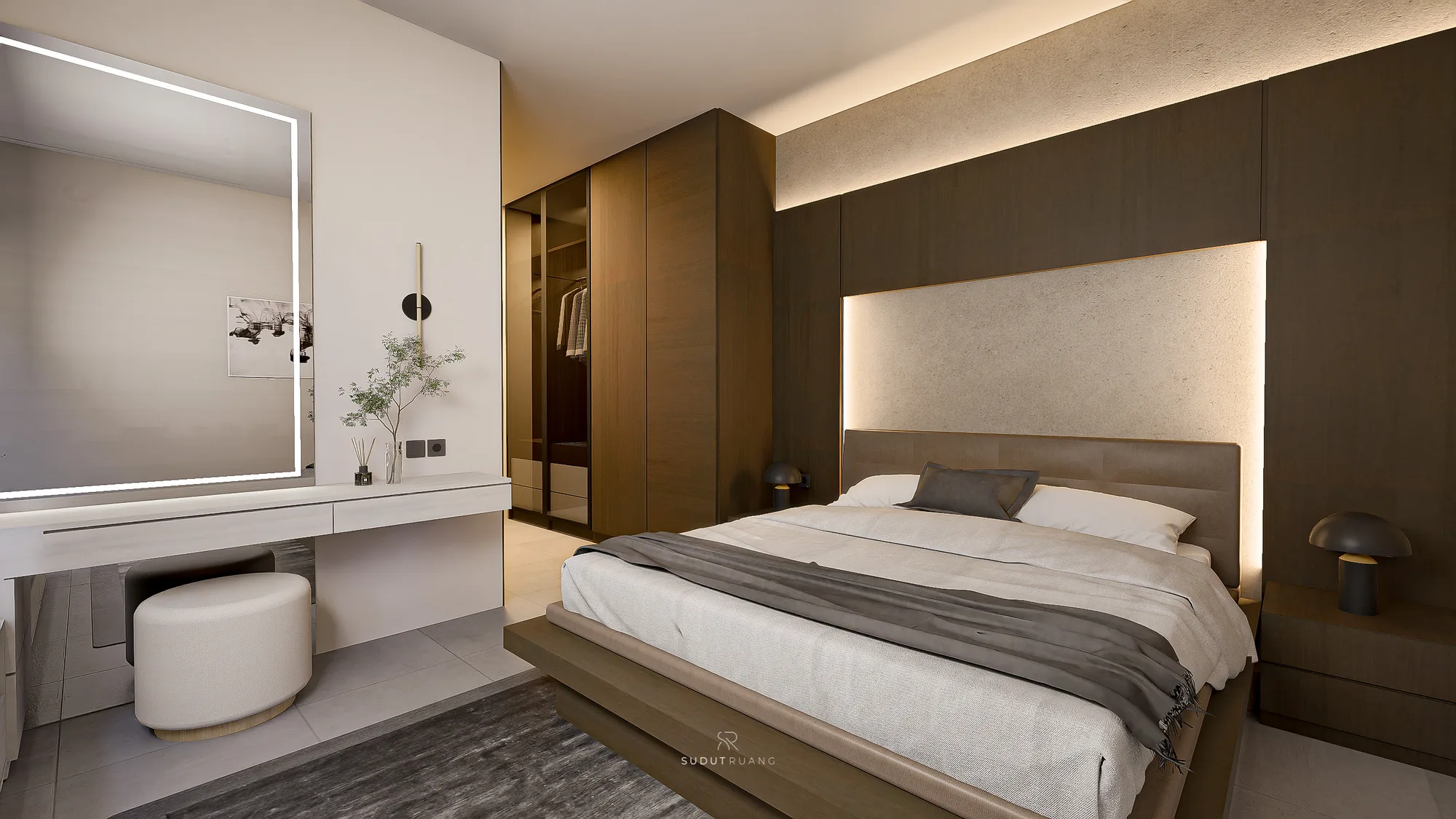 KF House's master bedroom with a backlit stone headboard panel, an open walk-in closet, and a round-mirrored dressing table on one side.