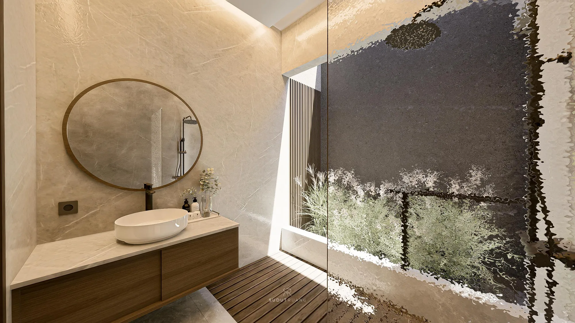 An oval vessel sink and round mirror in KF House's master bathroom, beside a dark stone accent wall and a window onto the side garden.