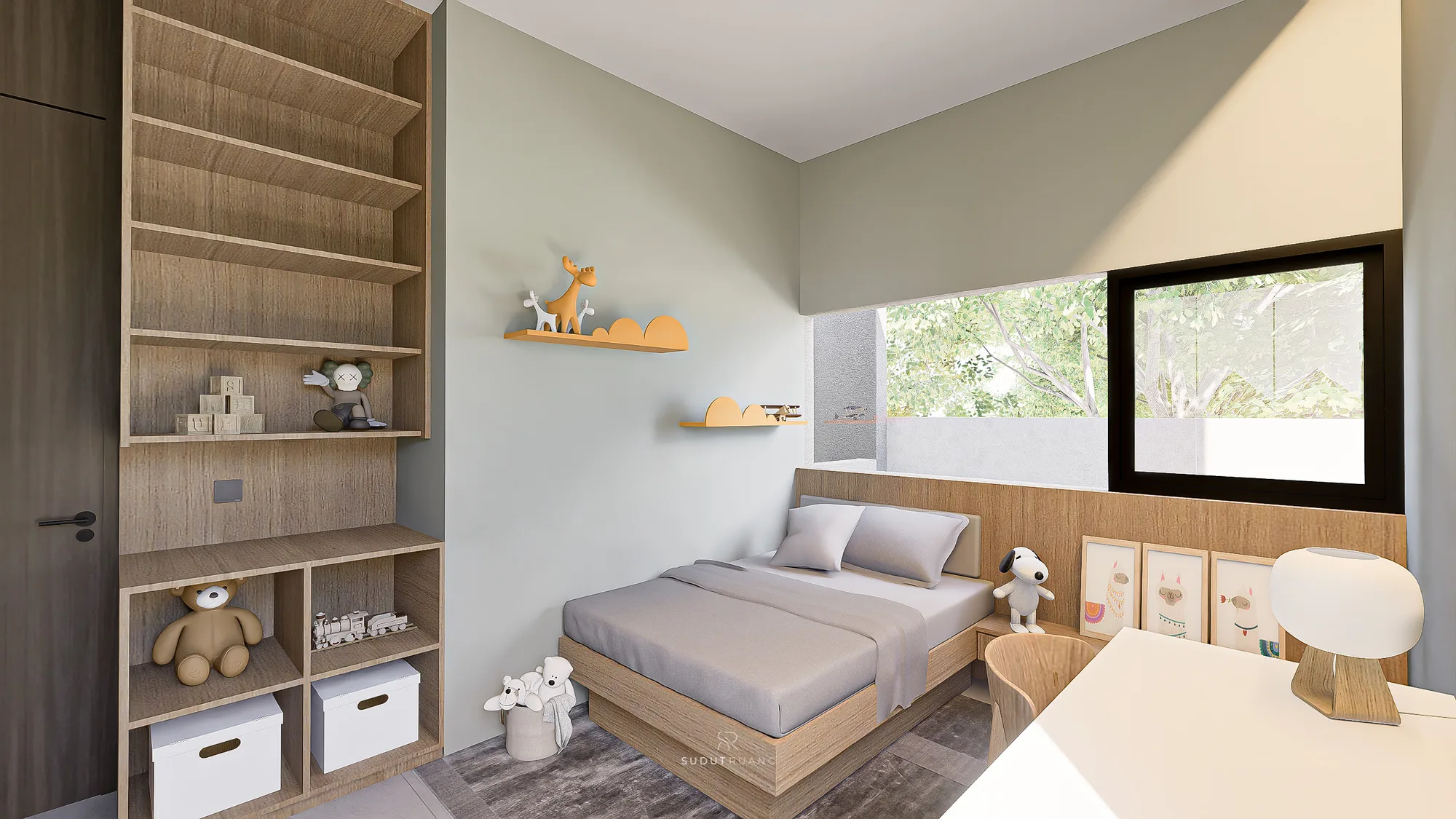 KF House's children's bedroom in sage-green walls, with a wood shelving unit holding toys and a Snoopy plush beside the bed.