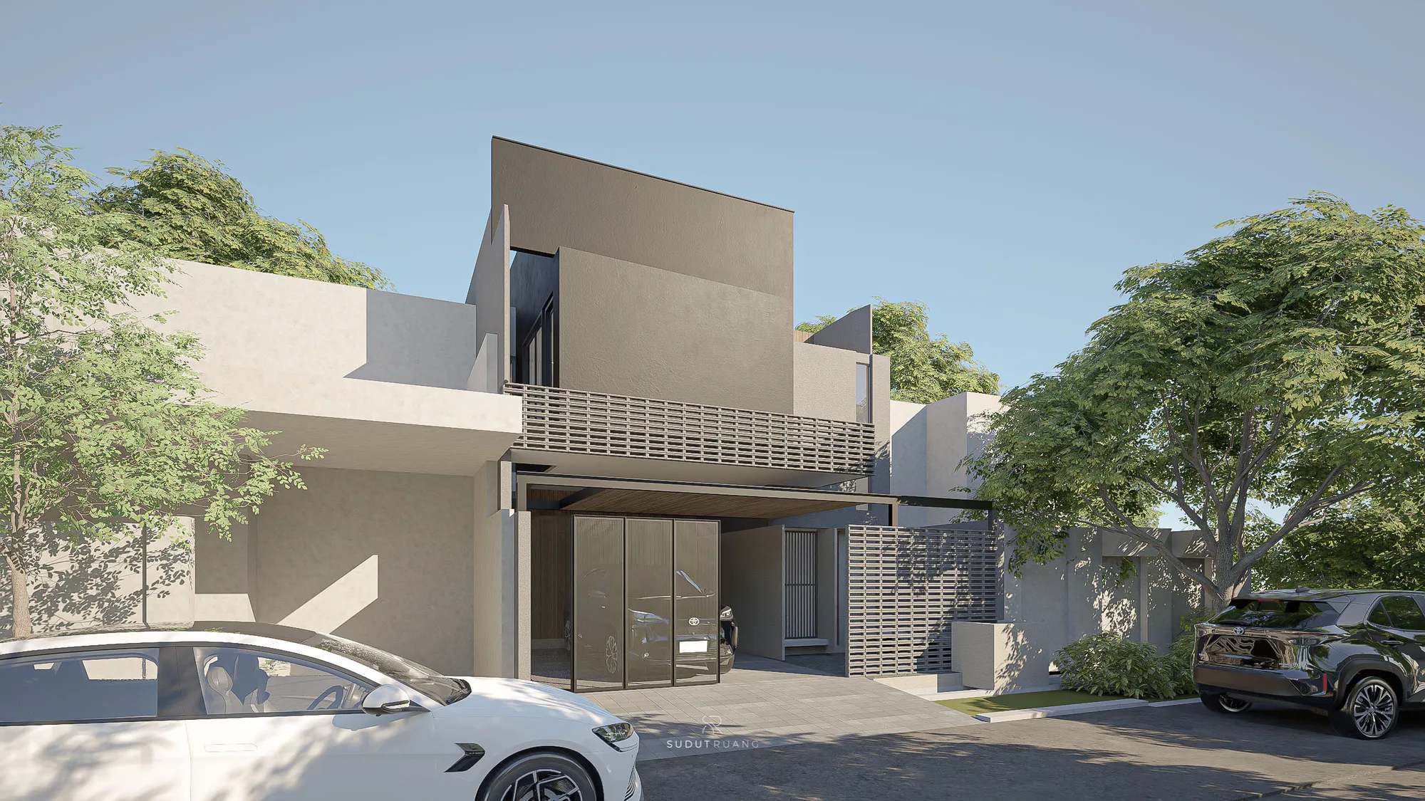 KF House's daytime facade with its cantilevered dark volume, slatted timber balcony, and perforated screen gate at the carport entry.