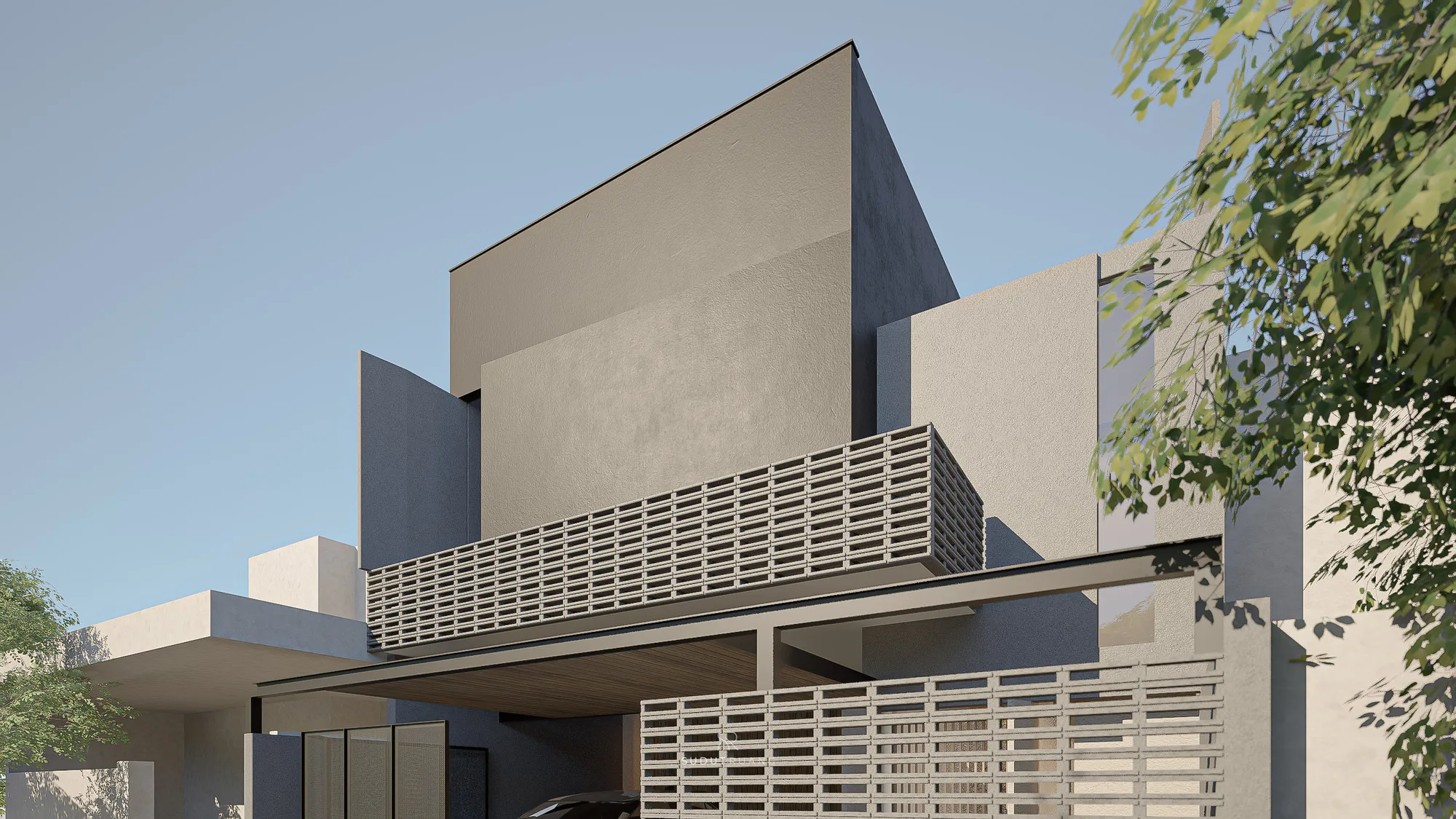 A close view of KF House's cantilevered dark upper volume meeting its slatted timber balcony screen and perforated boundary fence below.