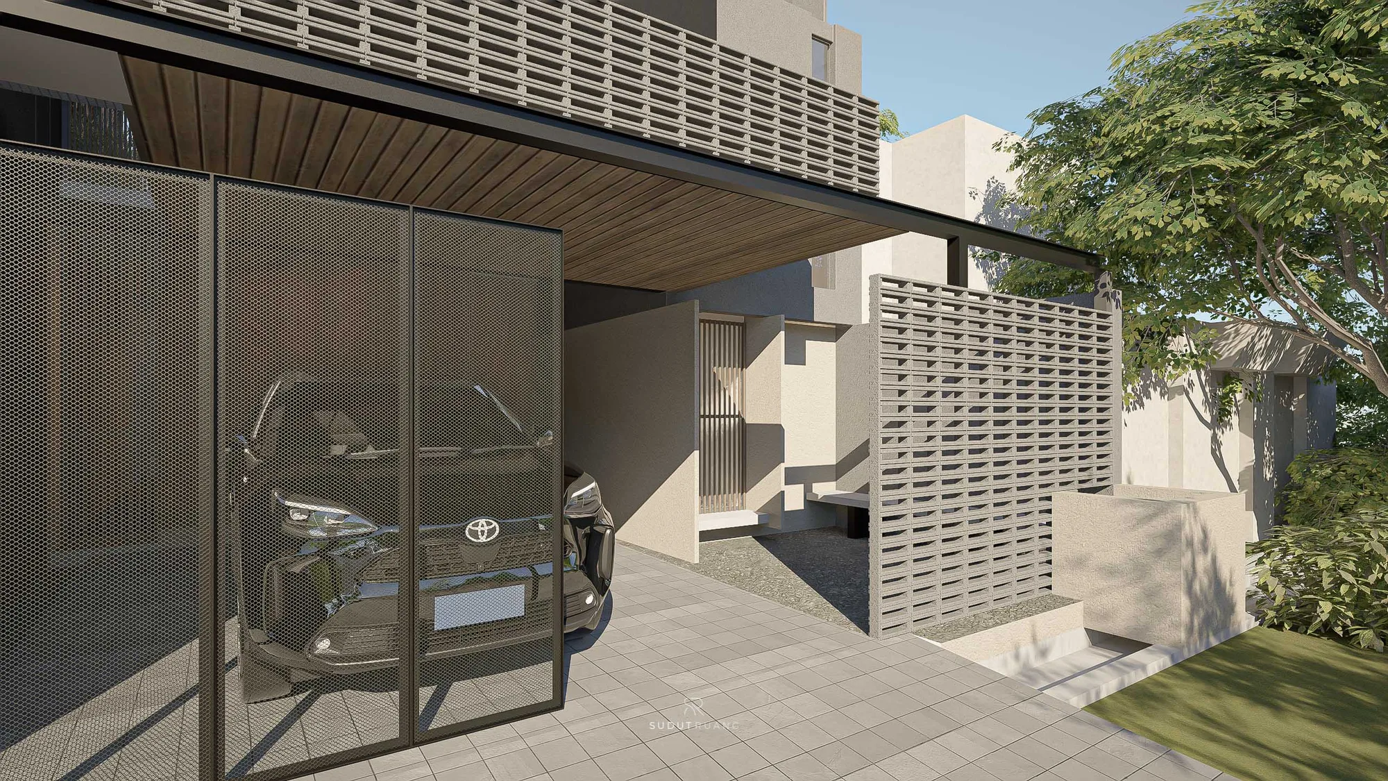 A perforated metal gate at KF House's carport entry, with a car parked beneath the timber-lined canopy roof and a slatted screen wall beyond.