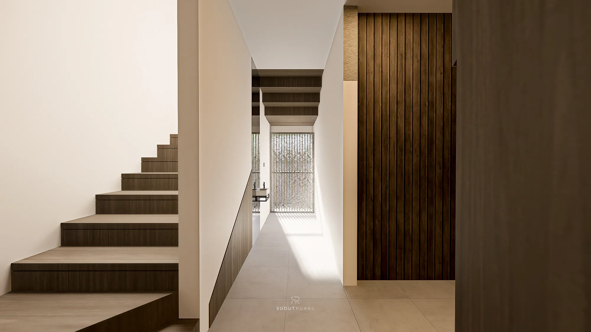 KF House's staircase landing beside a frosted-glass window and a full-height reeded dark-wood accent wall in the corridor.