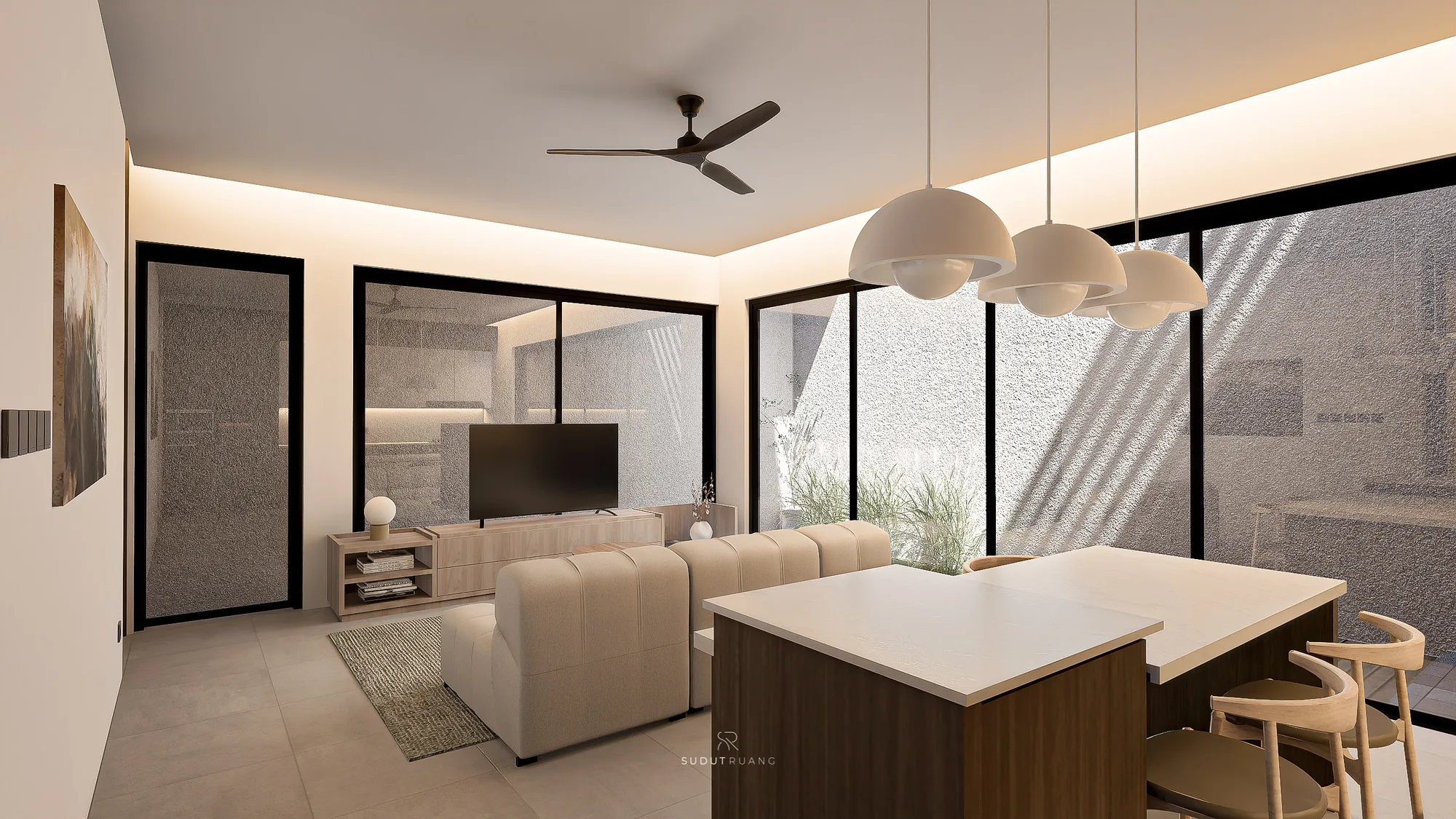 KF House's living room sectional sofa and TV console beneath a ceiling fan, with sliding glass doors opening onto the side garden.